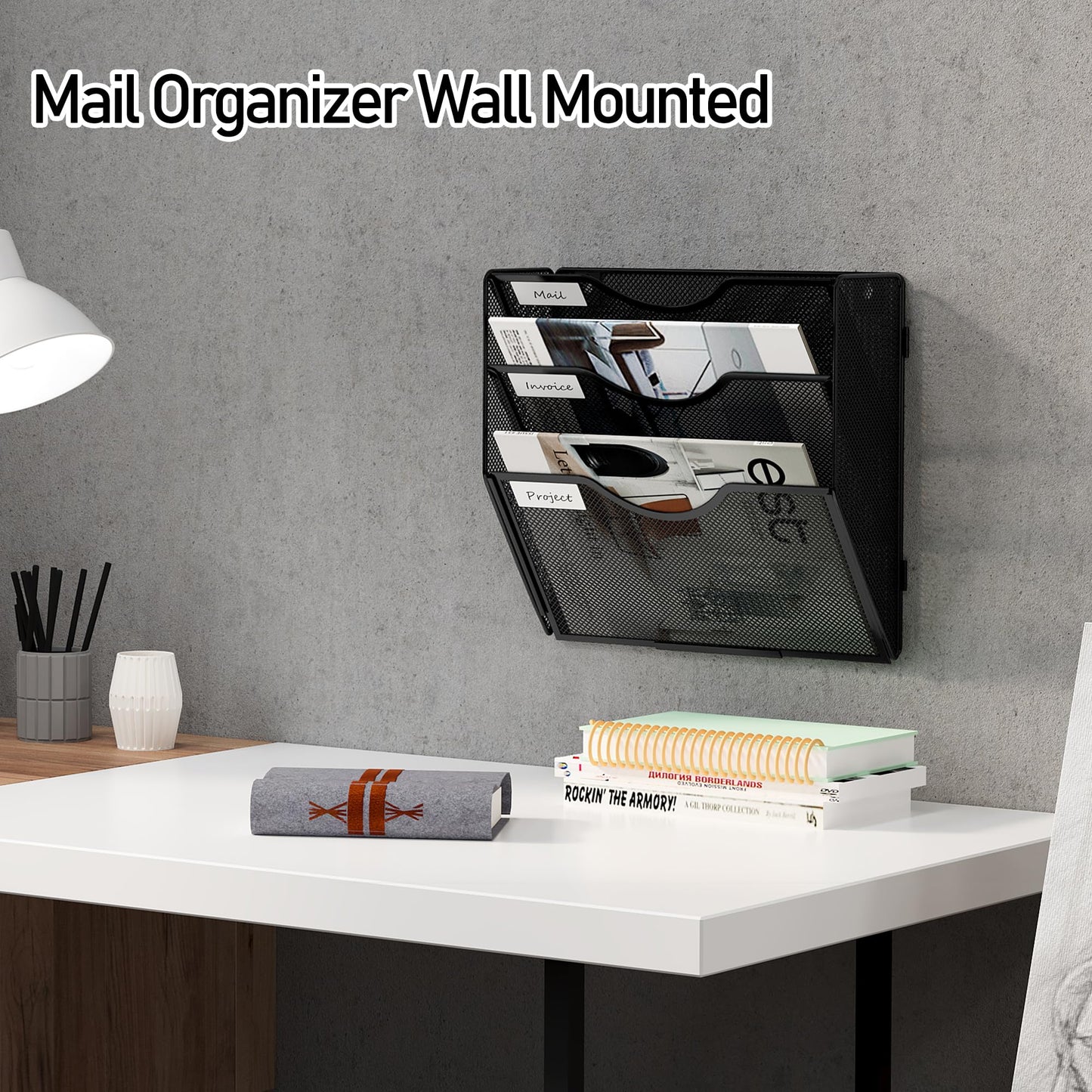 Senhoglb File Folder Organizer, 3-Tier Mesh Hanging Wall File Holder, Magazine Rack, Wall File Organizer With Pockets, Metal Document Organizer, Mail Organizer Wall Mounted for Office Home, Black