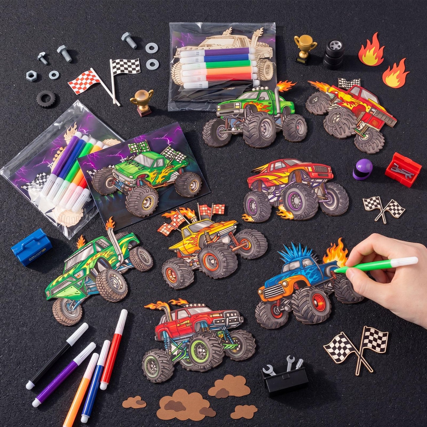 Potchen 24 Pcs Wooden Monster Truck Painting Crafts Kit Thank You for Coming Gifts for Kid Blank Unfinished Wooden DIY Crafts Paint Party Favors