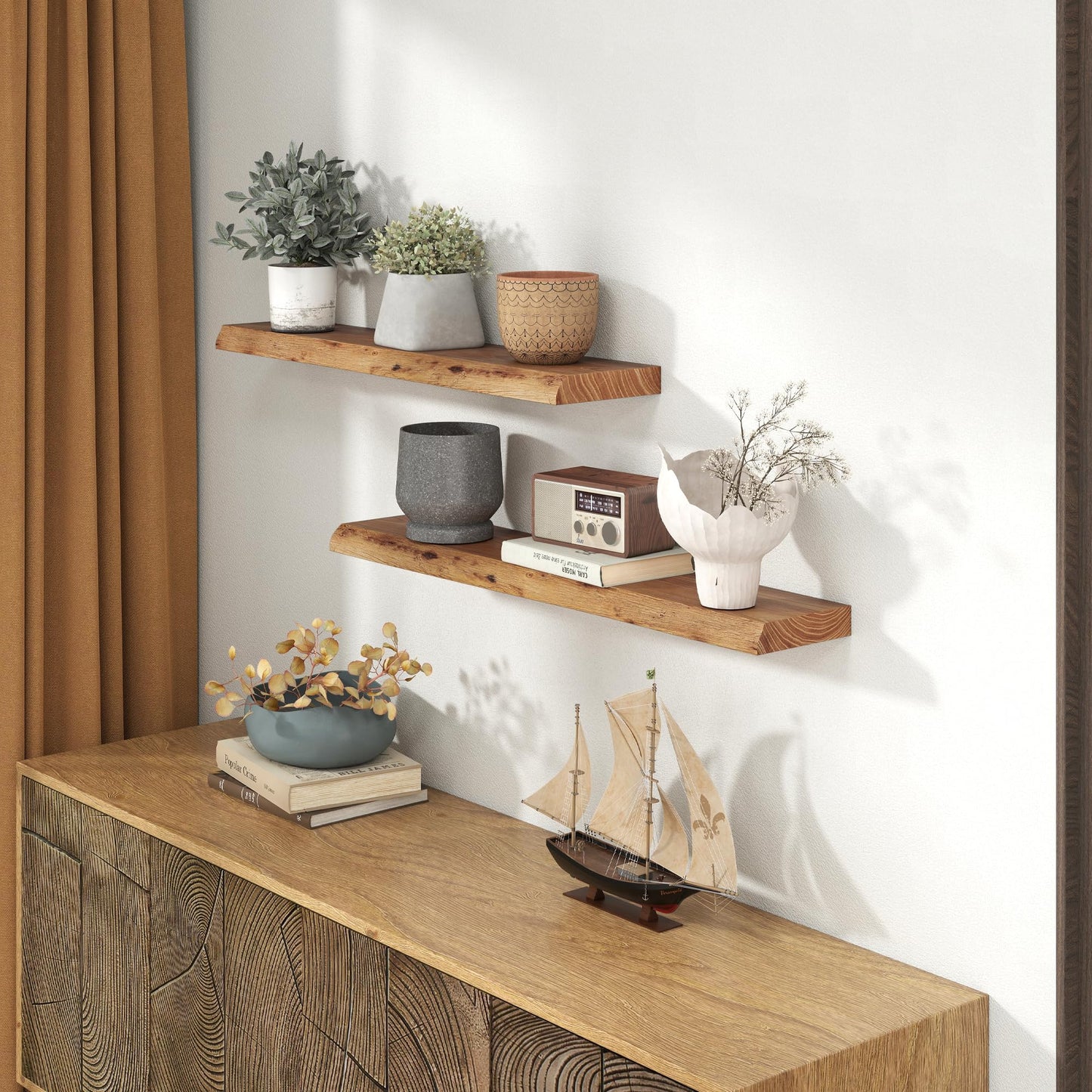 Live Edge Elm Wood Floating Shelves, 36 Inch Long Wall Shelves 2 Pack Shelf for Farmhouse Bedroom Bathroom Kitchen, Wall Mounted Wooden Shelf with Invisible Bracket for Books Decor, Natural