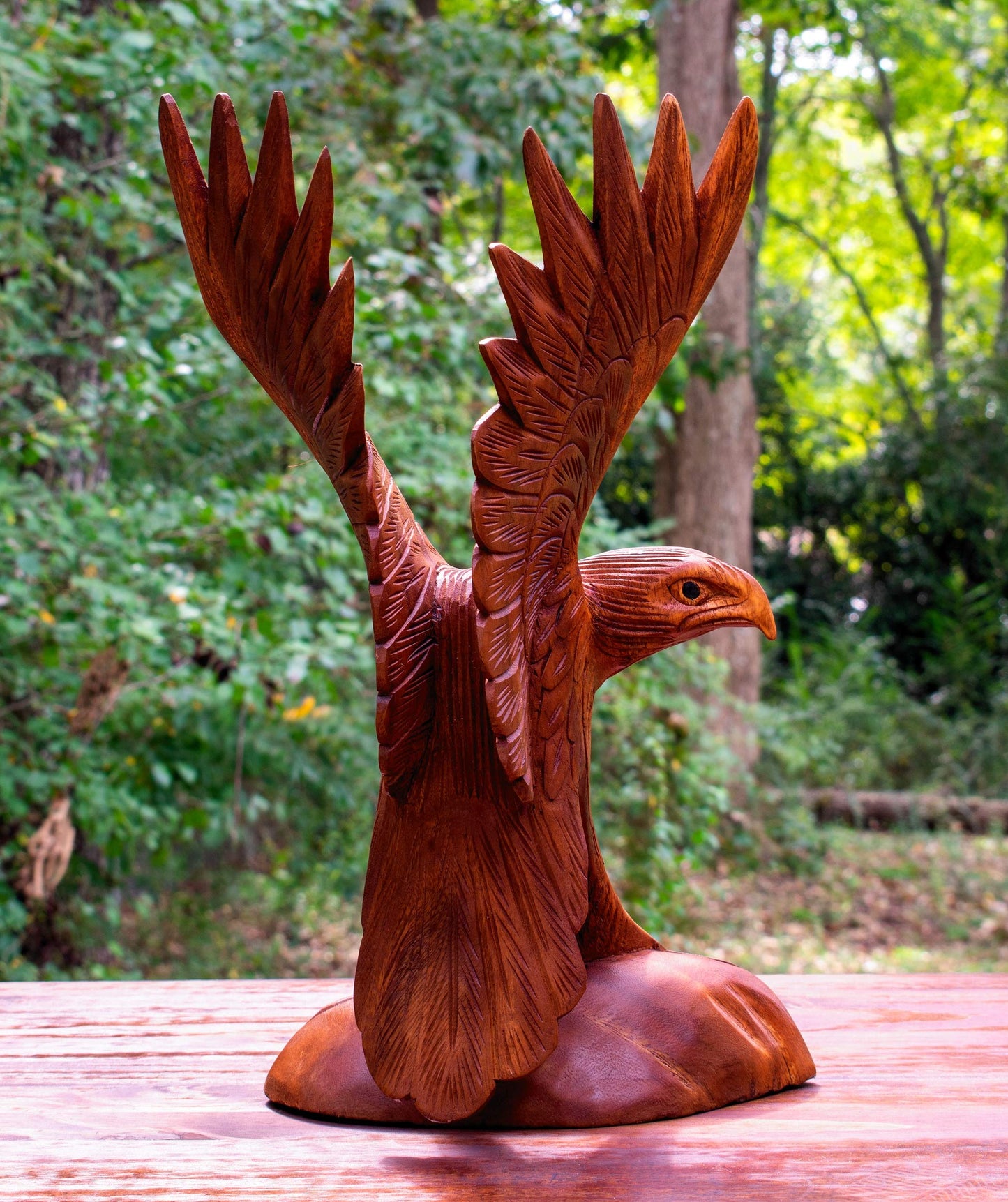 G6 Collection Hand Carved Wooden Eagle Statue, Open Wing Eagle Figurine Sculpture on Base, Rustic Wildlife Home Décor, Soaring Eagle (12" Tall)