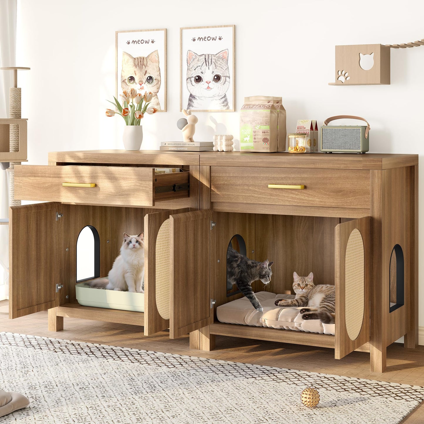 Hidden Cat Litter Box Enclosure Furniture with Scratching Board Doors and Storage Drawer, Wooden Washroom Cat House Cabinet Side Table Nightstand for Living Room, Espresso