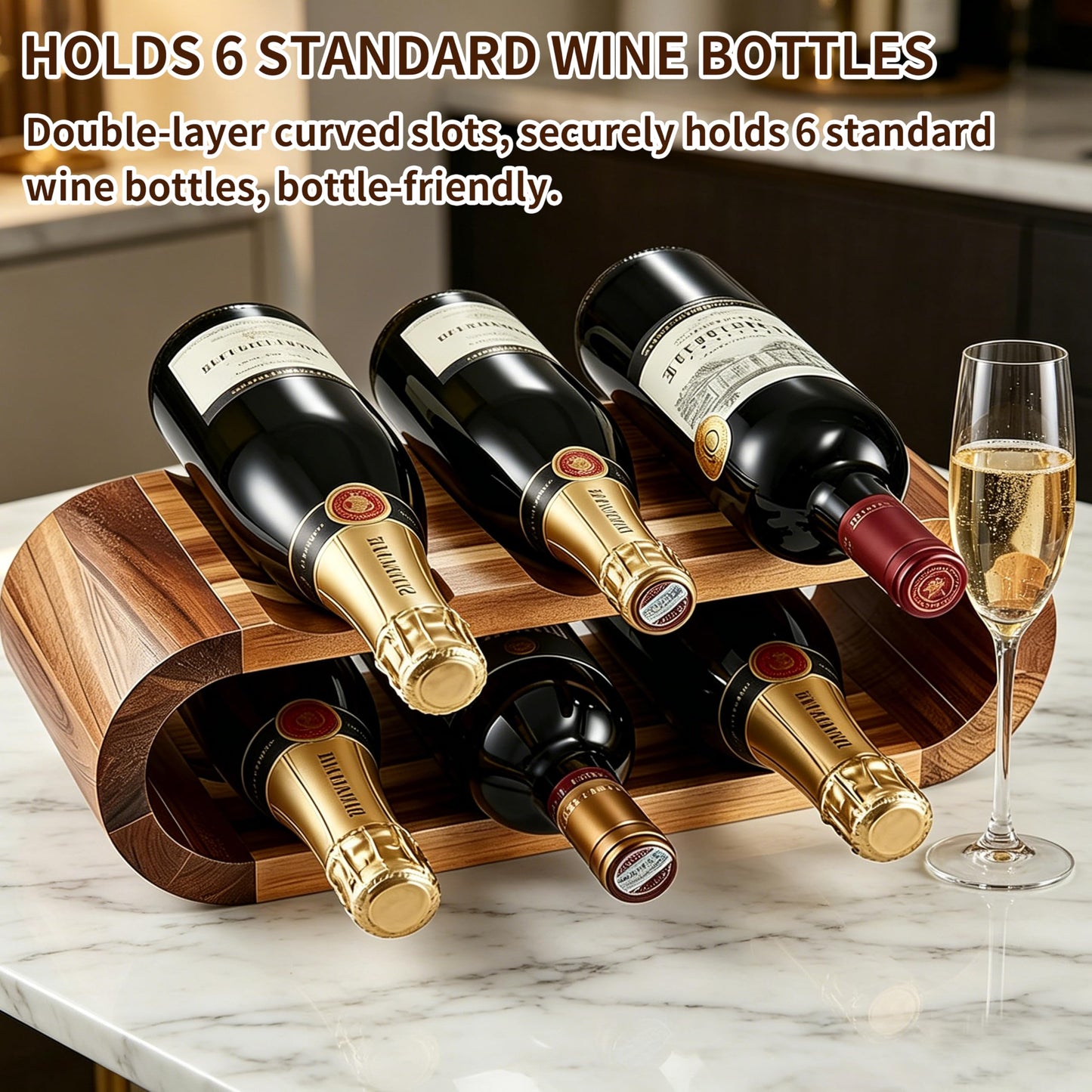 Chreyty Classic Wooden Wine Rack – 6-Bottle Acacia Wine Holder Stand – Freestanding Wine Storage – Great for Home Decor No Assembly Required (6 Bottles)