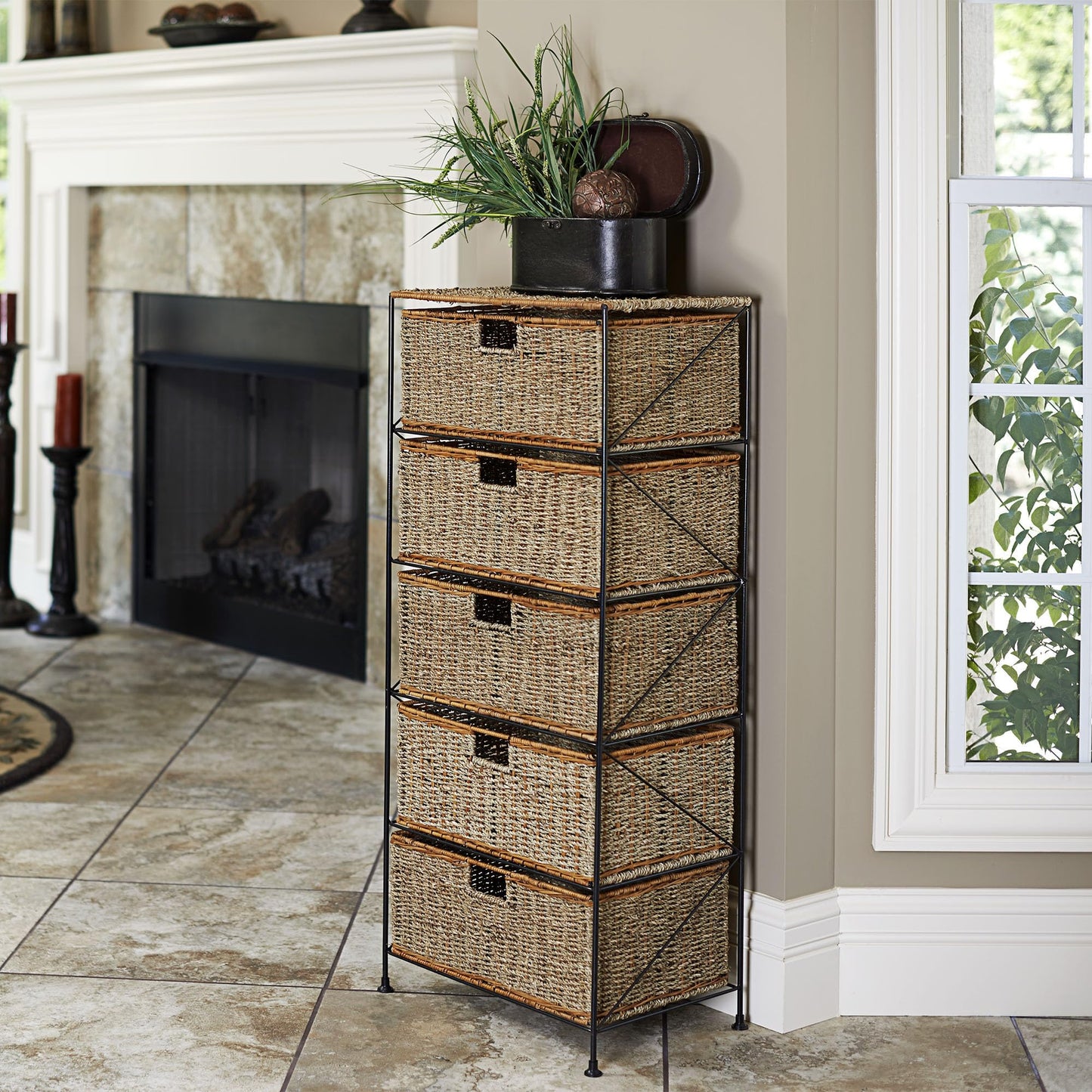 Household Essentials 5 Drawer Seagrass Wicker Storage Tower with Handwoven Rattan Design and Strong Metal Frame, Natural Rustic Modern Finish