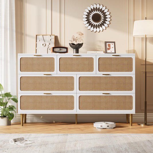 GarveeHome Rattan 7 Drawer Dressers for Bedroom, Tall Dresser with Deep Drawers, Large Chest of Drawers for Closet with Wide Top, Long Wooden Dresser for Living Room, Hallway, Kids Room, White