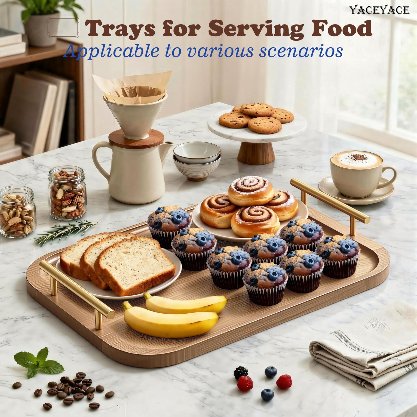 YACEYACE Large Wooden Tray, 15"x11.4"x1.75" Large Wood Trays with Metal Handles, Serving Tray for Kitchen Counter, Breakfast, Ottoman Coffee Table