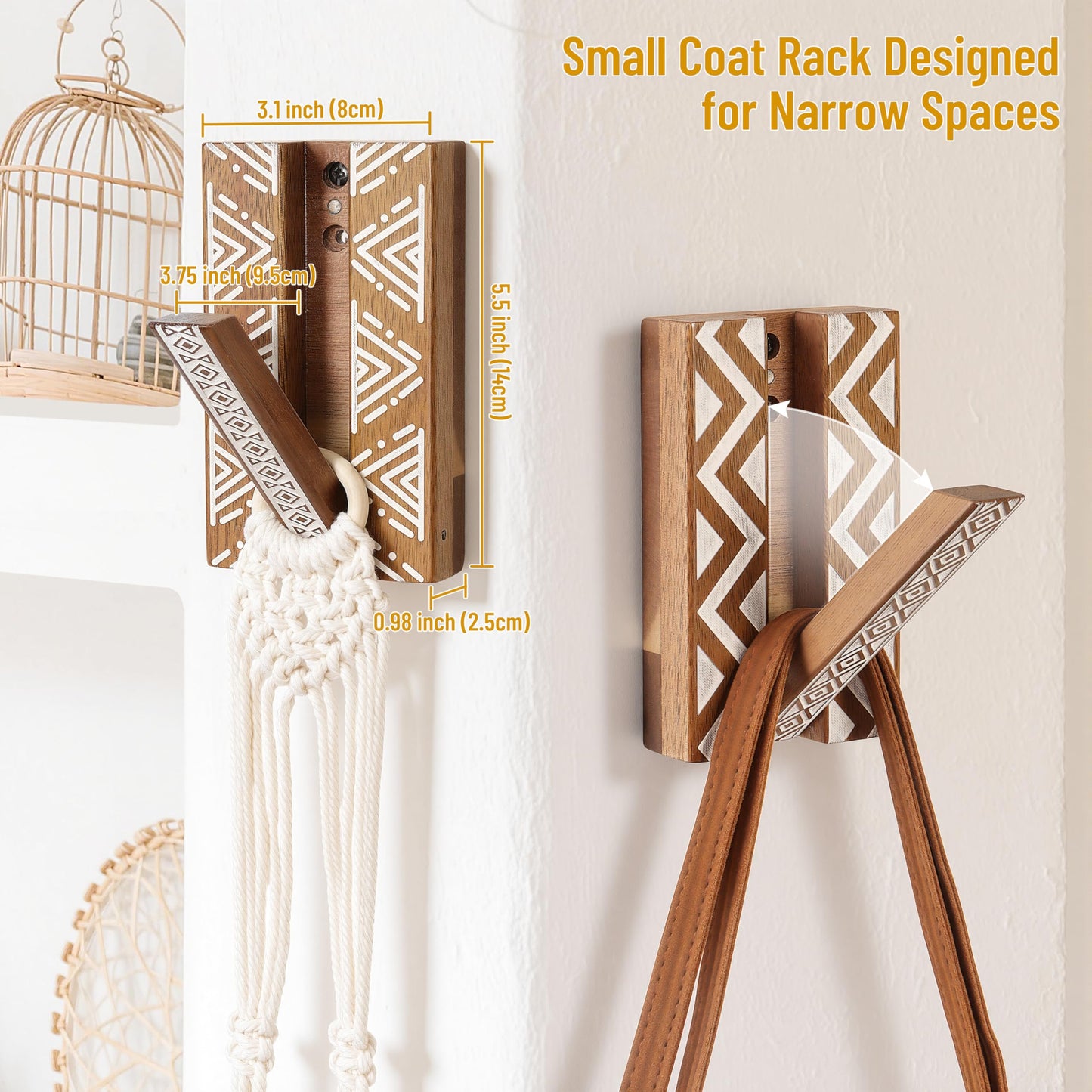 KYIAANY Boho Foldable Wall Hooks: Decorative Wooden Coat Hooks 2Pack Mounted for Heavy Duty Hanging Towels Backpack Bags Hats, Space Saving Home Decor for Aesthetic Homeowners