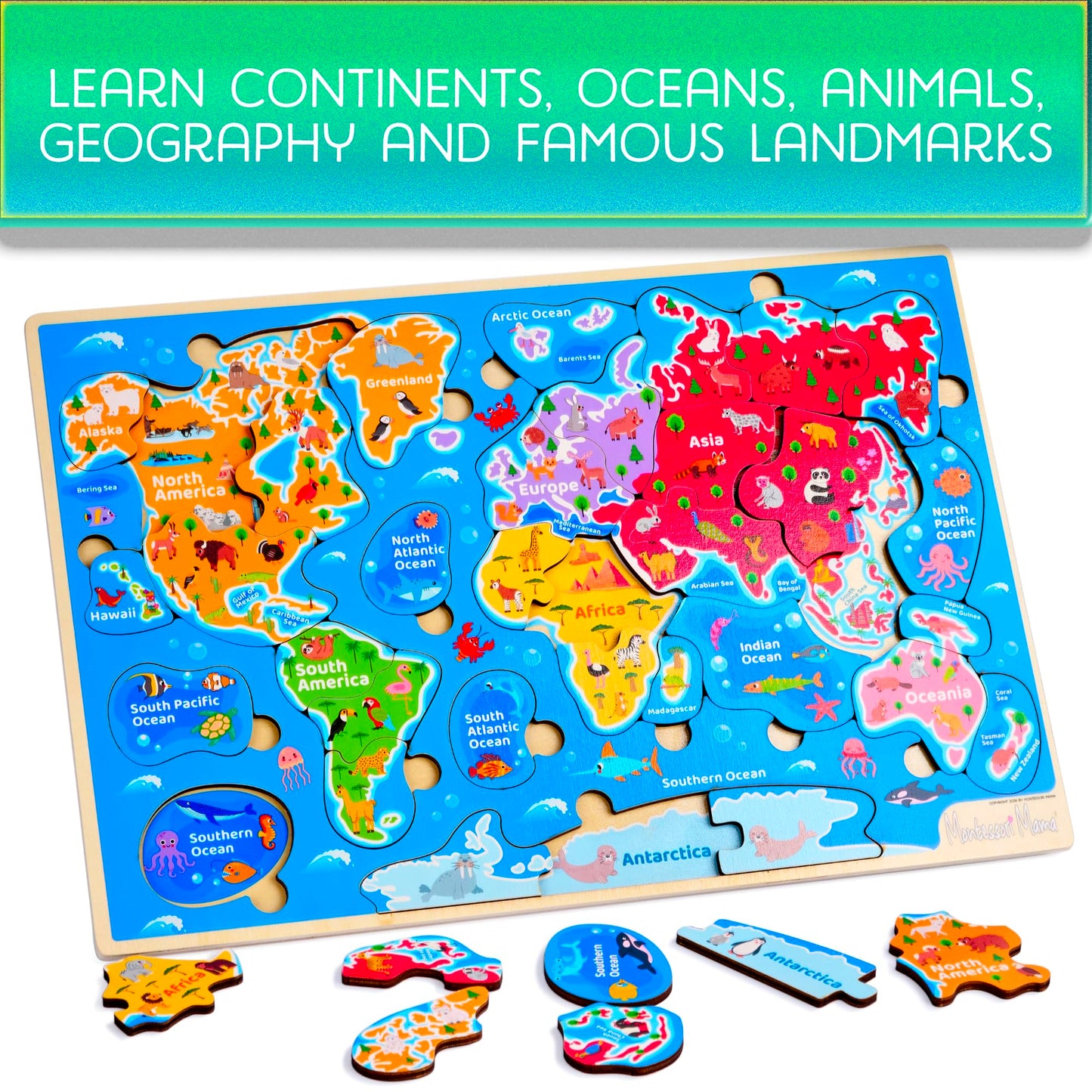 Montessori Mama Wooden Puzzles for Kids Ages 4-6, USA States and Capitols, World Continents and Oceans, Combo Set 2 Toddler Puzzles