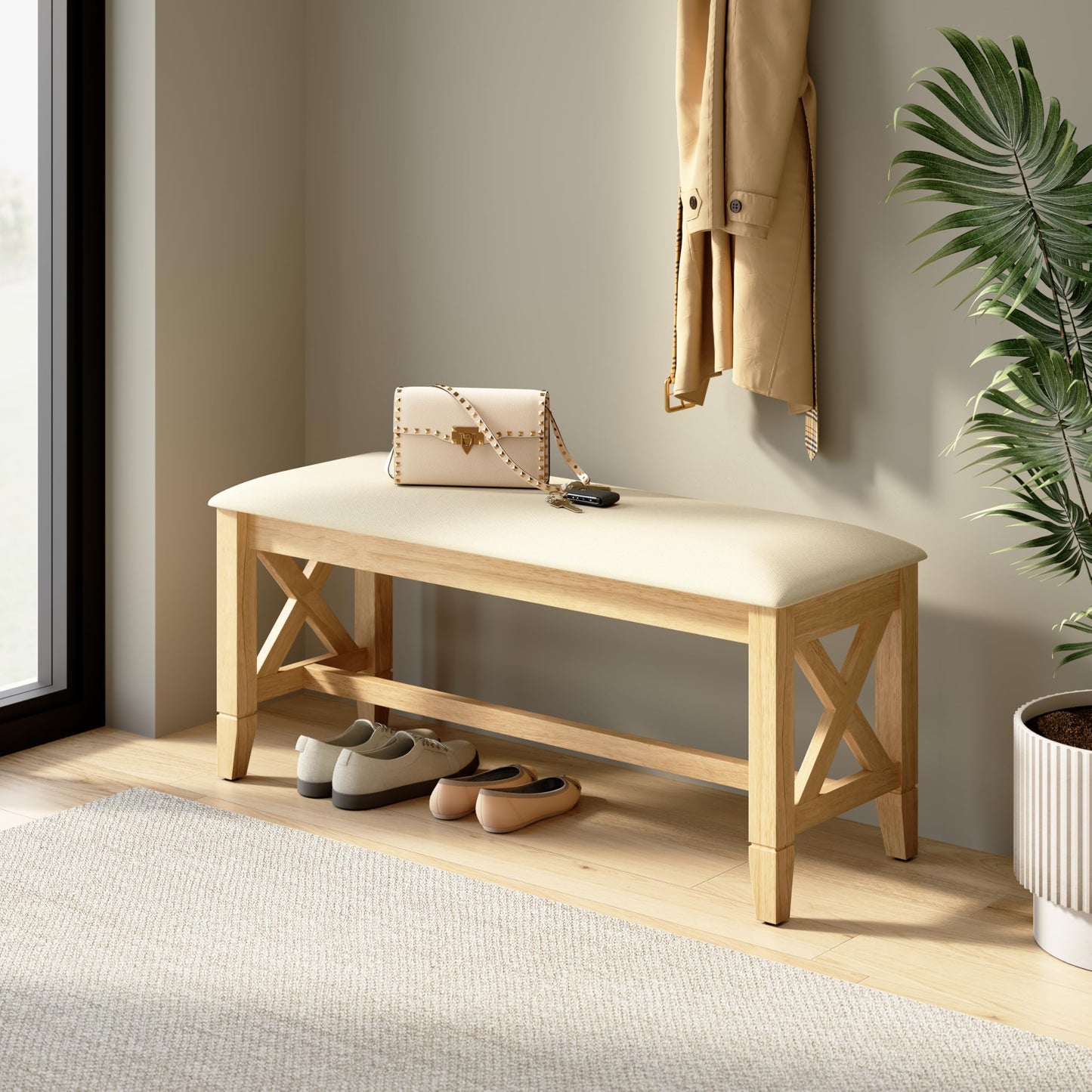 Bush Home 44-inch Upholstered Entryway Bench, Entryway and Hallway Furniture, Key West Collection, Blonde Oak and Bright Beige Fabric
