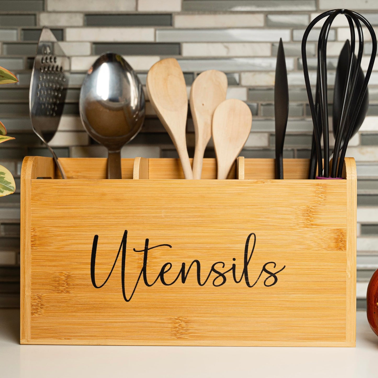 Bamboo Kitchen Utensil Holder for Countertop – Large 3-Compartment Cooking Utensil Organizer & Caddy with Drain Holes, Farmhouse Bamboo Holder for Kitchen Counter, Wood Storage for Spatulas & Spoons