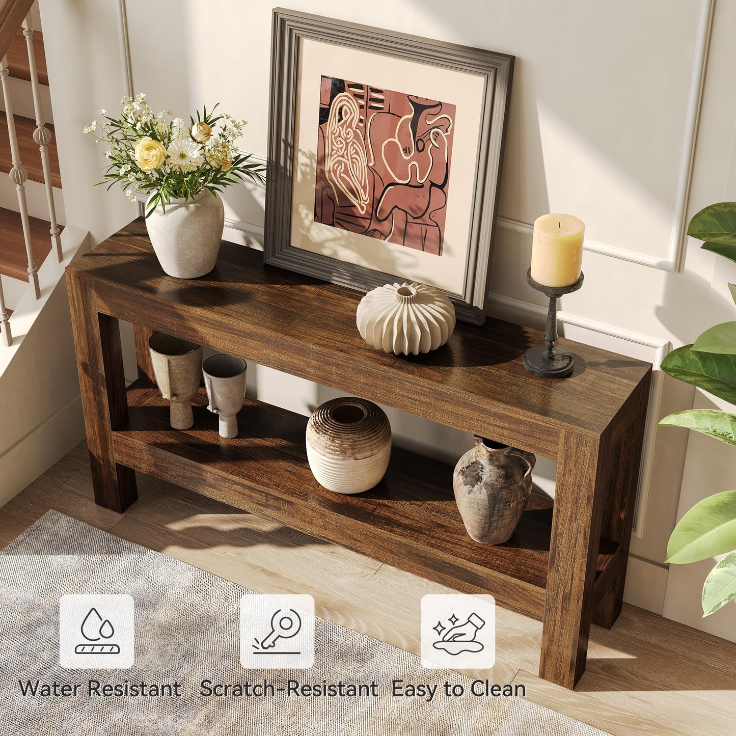 LITTLE TREE 63-Inch Wood Entryway Table, Long Farmhouse Narrow Console Table for Living Room, Hallway, Sofa, Entry, Entrance, Foyer, Behind Couch with 2-Tier Shelves, Brown