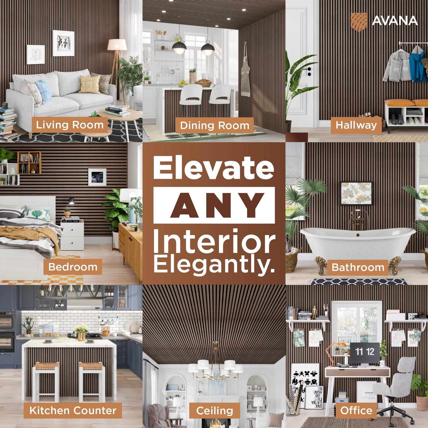Avana Acoustic Wood Wall Panels – 93.2x11.25 Inch Panels – Fits 94x12 Layout – Walnut Acoustic Panels 4 PCs – Wall Panels for Interior Wall Decor for Homes, Offices – Durable Wood Panels for Wall