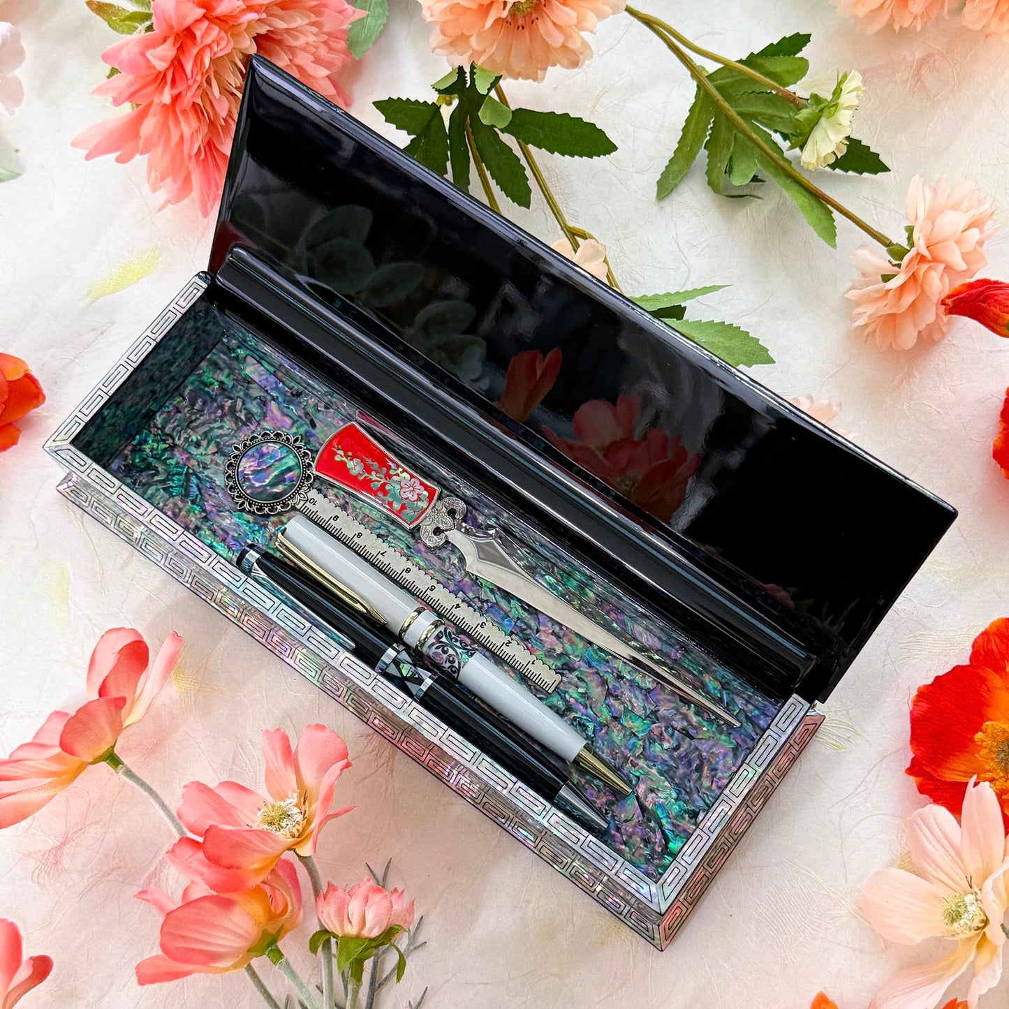 Nacreh Mother of Pearl Ring Necklace Office Pen Holder Case Storage Wooden Jewelry Box - Inlay with Sea Shell Gift (Dragon)