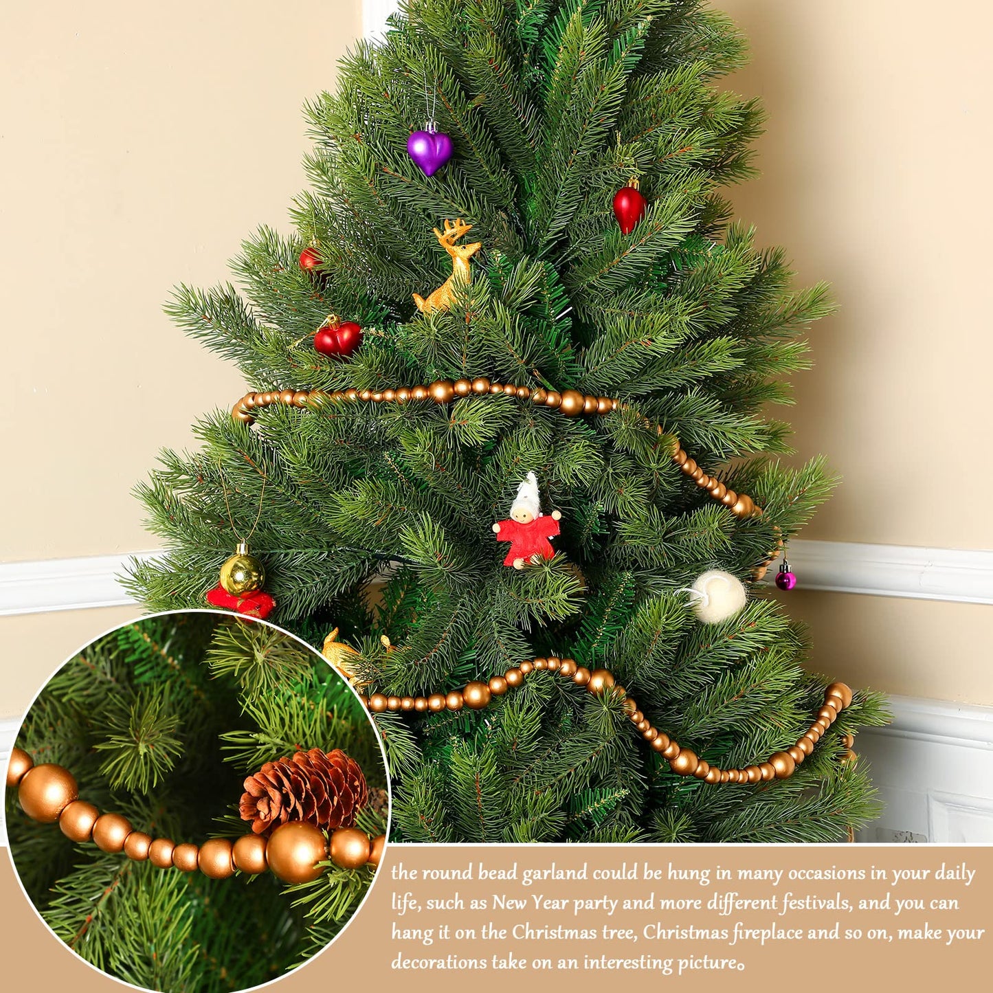 Boao 20 Feet Christmas Wooden Beads Garland Gold Christmas Tree Garland Wall Hanging Prayer Beads for Holiday Home Rustic Farmhouse Natural Boho Decor