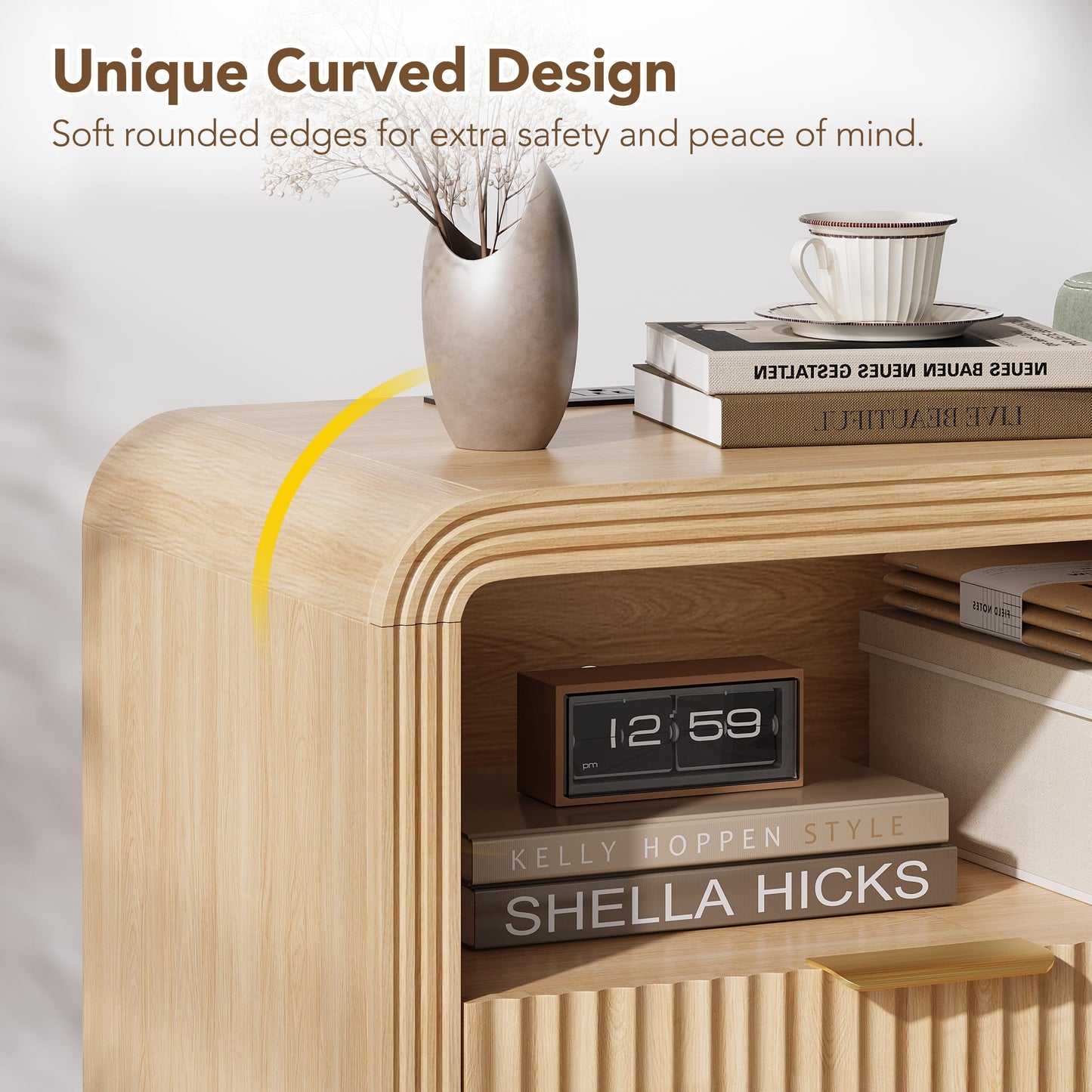 Decofy Fluted Nightstand with Charging Station, 23'' Wide Beside Table with Drawers & Open Shelf, Mordern Large Night Stand with Curved Corners, Wood End Table for Bedroom, Oak