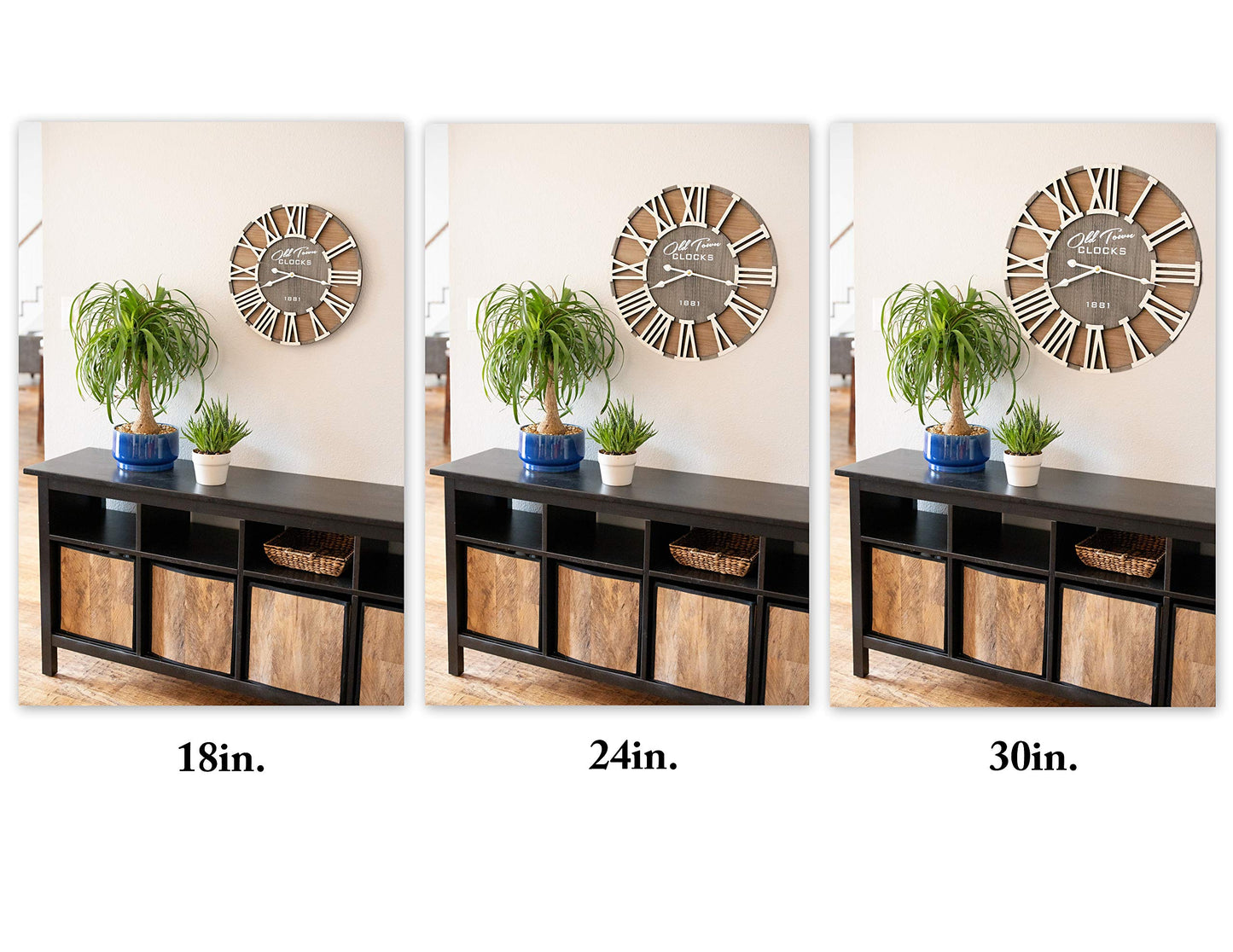 Oldtown Clocks 18" Rustic Farmhouse Wash Out Vintage Roman Wooden Wall Clock Silver Hands (Whitewood Lettering, 18 inch)