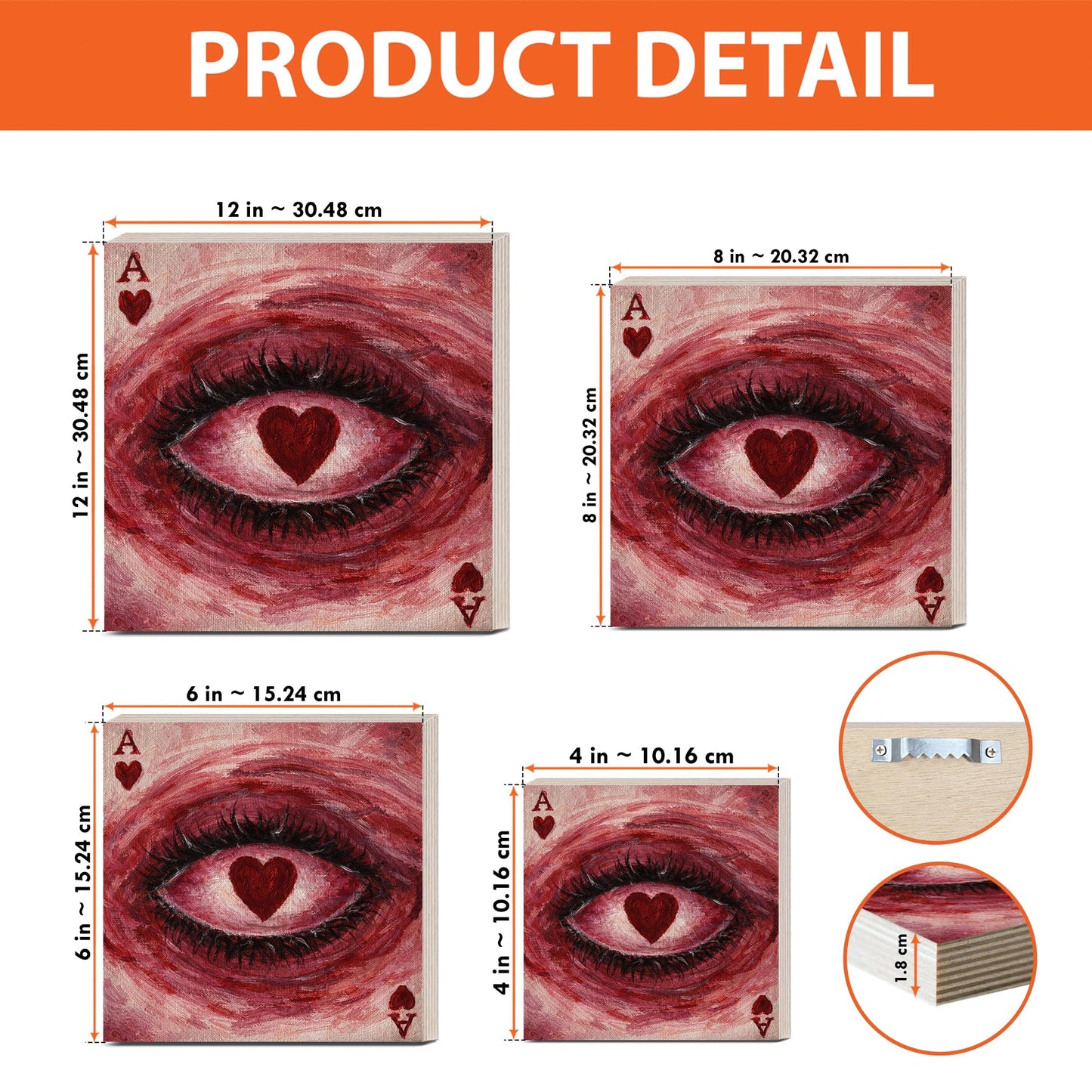 Surreal Eye Wooden Block Sign, Heart Eye Art Painting, Playing Card Heart Dark Romantic Symbolic Decor Shelf Sitter, Artistic Home Table Mantel Tiered Tray Unique Gift