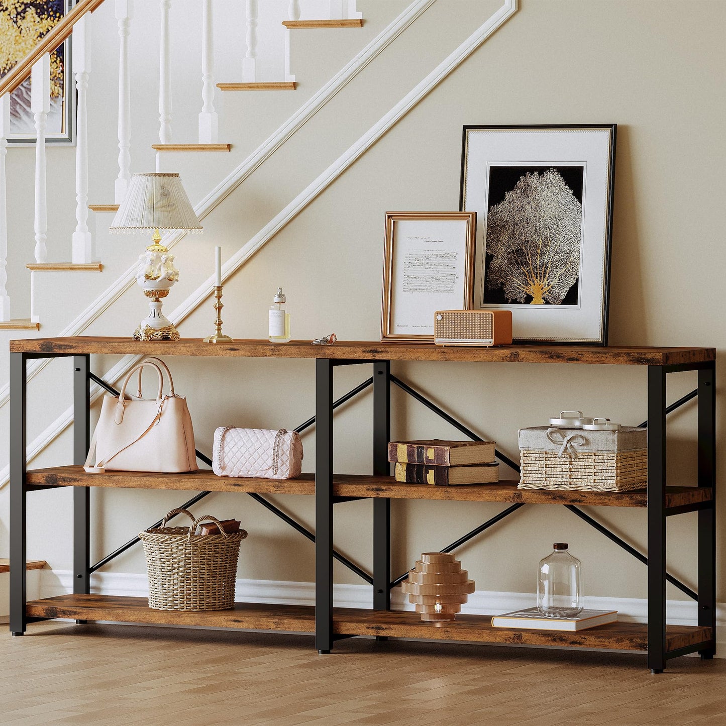 IRONCK Rustic Entryway Console Table, Long Hallway Table 70.8 in 3-Tier, TV Stand Entertainment Center Media Stand for Living Room, Industrial Style, Vintage Brown
