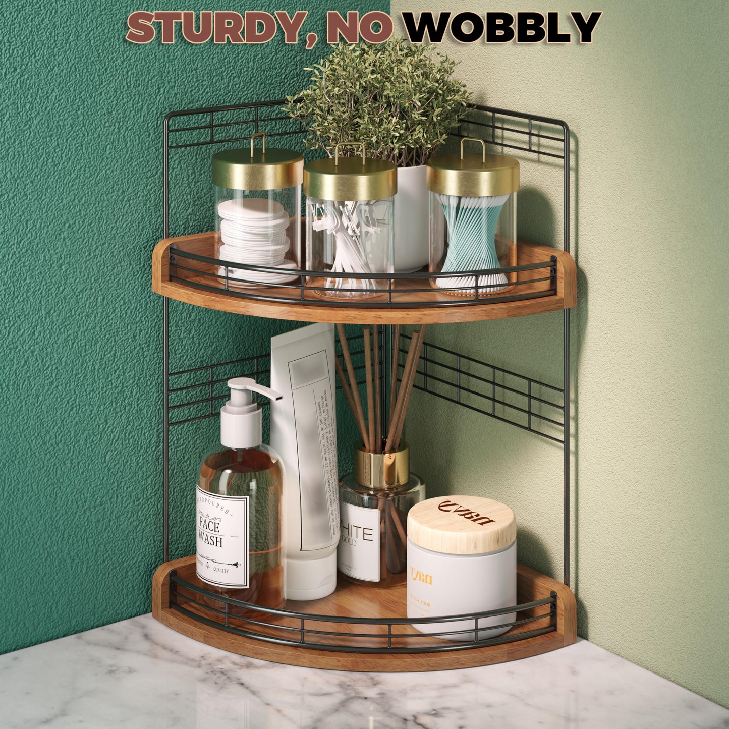 JNFUZ Bathroom Countertop Corner Organizer for Small Spaces – 2-Tier Counter Shelf for Sink & Vanity, Compact Vertical Storage for Toiletries (Walnut)