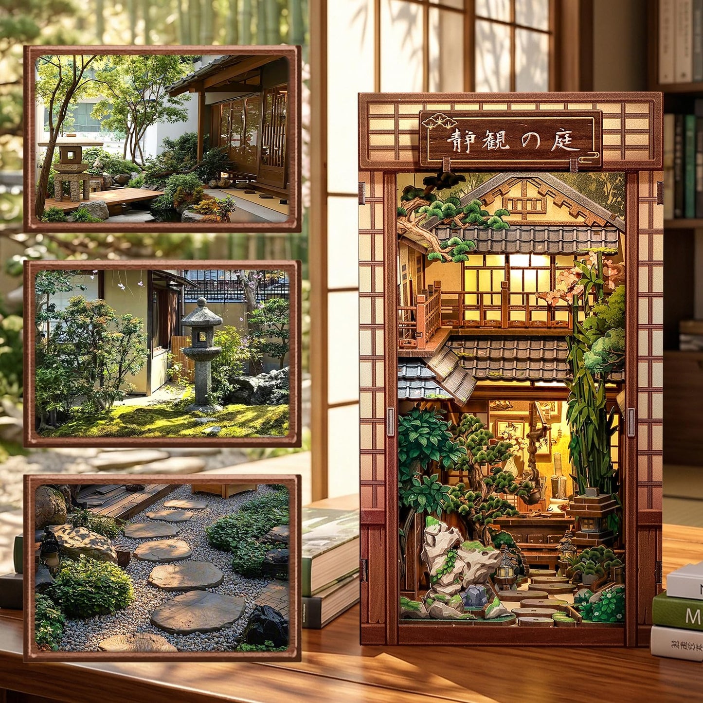 CUTEBEE Book Nook Kit – DIY Miniature House Kit for Adults, Serene Courtyard Japanese Zen Booknook, 3D Wooden Puzzle Bookshelf Insert, Dollhouse Bookend Decor Gift for Adults Teens(Serene Courtyard)