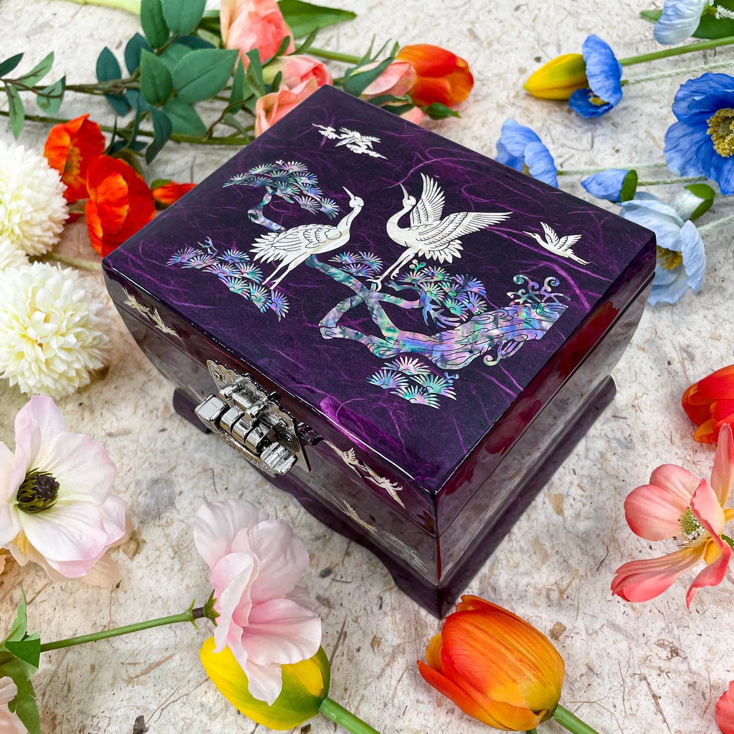 Fun-Store Nacre Inlay Mother of Pearl Music Jewellery Storage Chest Wooden Box Crane with Pin Tree Design Jewelry Mirror Box Keepsake Treasure Gift Box Trinket Case Organizer (Purple)