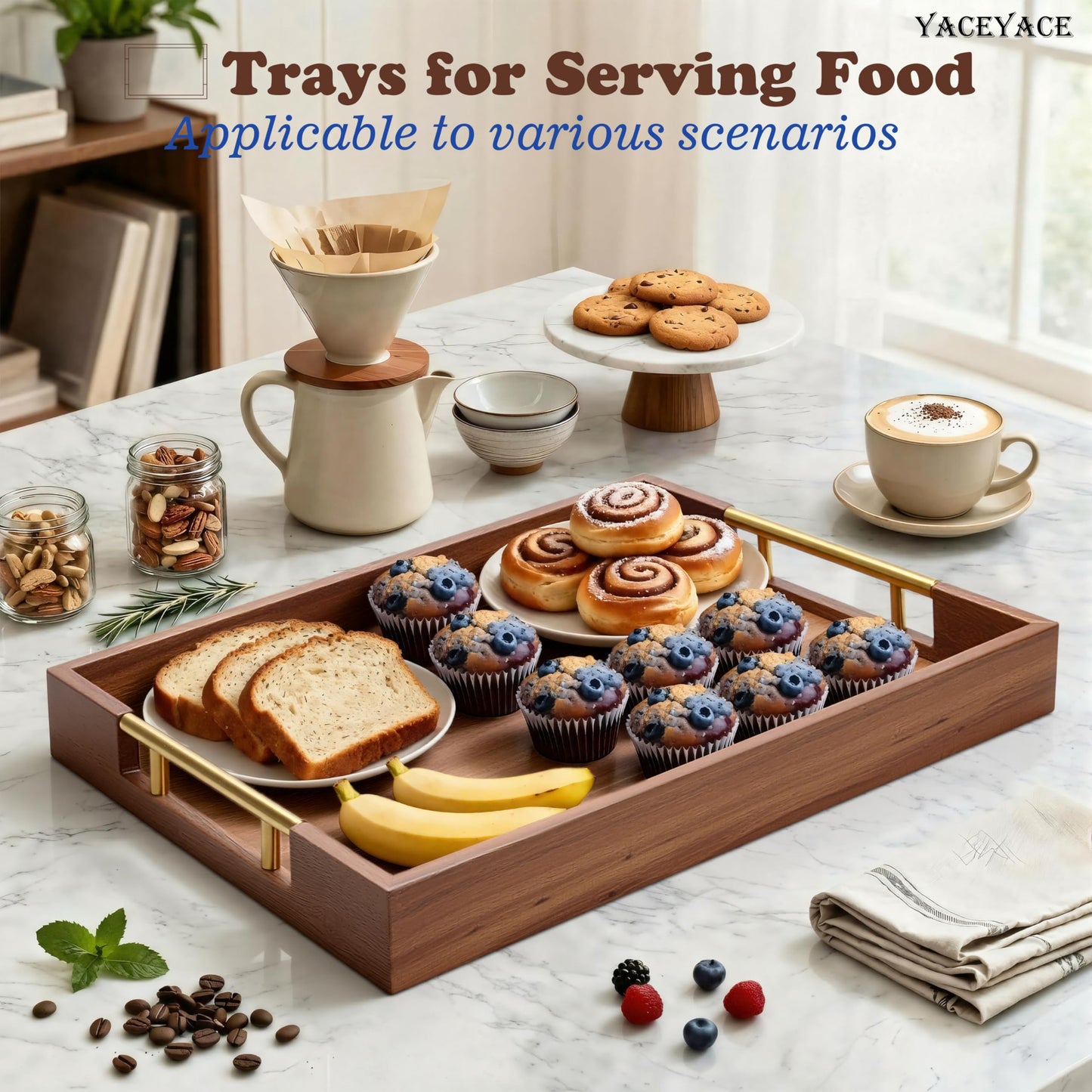 YACEYACE Wooden Serving Tray with Metal Handles, 14" x 9.8" x 1.7" Small Serving Tray for Kitchen Counter, Ottoman Coffee Table, Bathroom, Home Decor