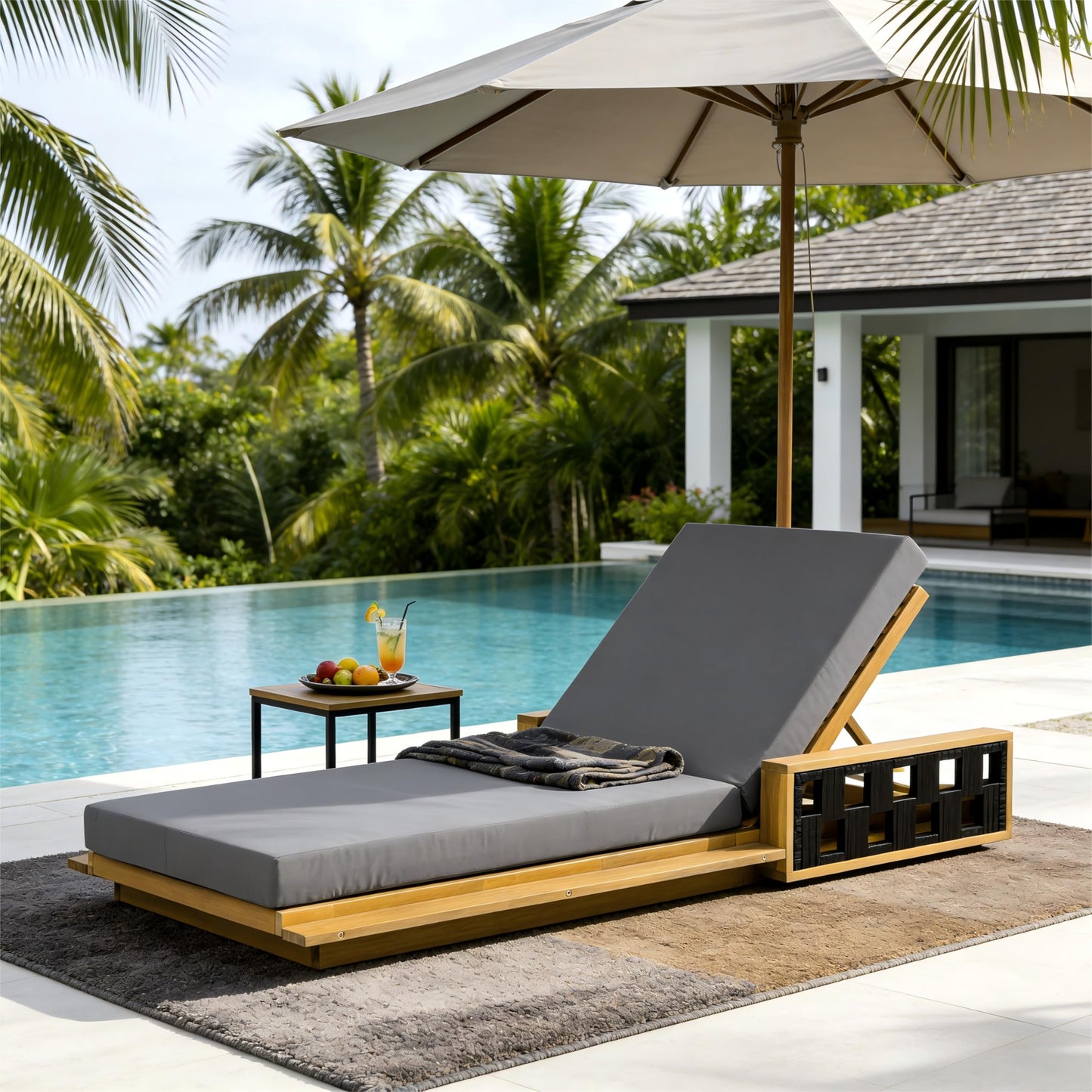 Christopher Knight Home Arly Acacia Wood Chaise Lounge Chair Outdoor with 2-Fold Cushion, Adjustable Backrest Sun Lounger Recliner, Wooden Patio Sun Bathing Lounge Chair, Teak+Dark Gray