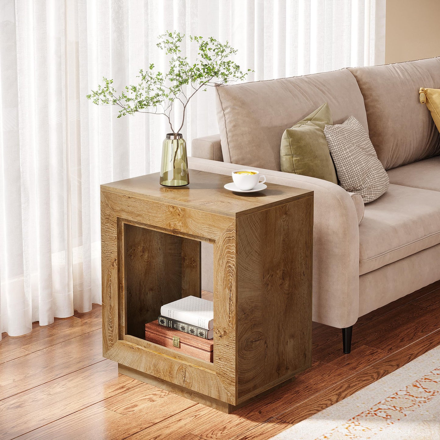 Tribesigns Rustic Wood End Table, 2 Tiered Square Side Table with Storage Shelf, Industrial Sofa Side Table for Living Room, Entrance (1, Wood)