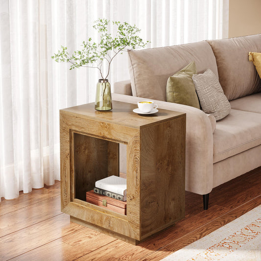 Tribesigns Rustic Wood End Table, 2 Tiered Square Side Table with Storage Shelf, Industrial Sofa Side Table for Living Room, Entrance (1, Wood)