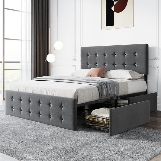 GAOMON Queen Bed Frame with 4 Storage Drawers and Adjustable Headboard, Grey Bed Frame Queen Size Platform Bed Frame with Large Storage and Wooden Slats Support, No Box Spring Needed, Noise-Free