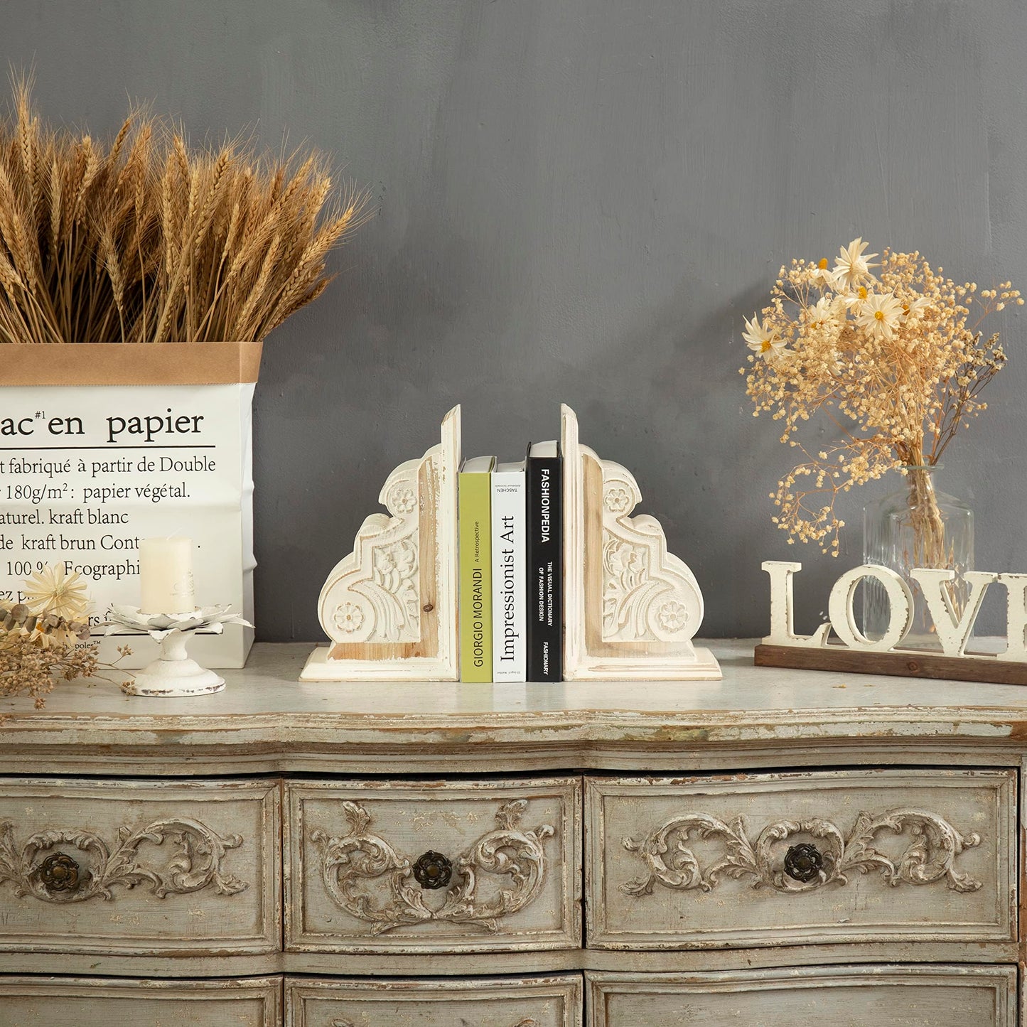 1 Pair Rustic Distressed Finish Wood Bookends, White Bookends Decorative Unique, Carved Pattern Farmhouse Book Ends for Shelves, Bookend for Heavy Books, Wooden Corbels for Home Room Decor