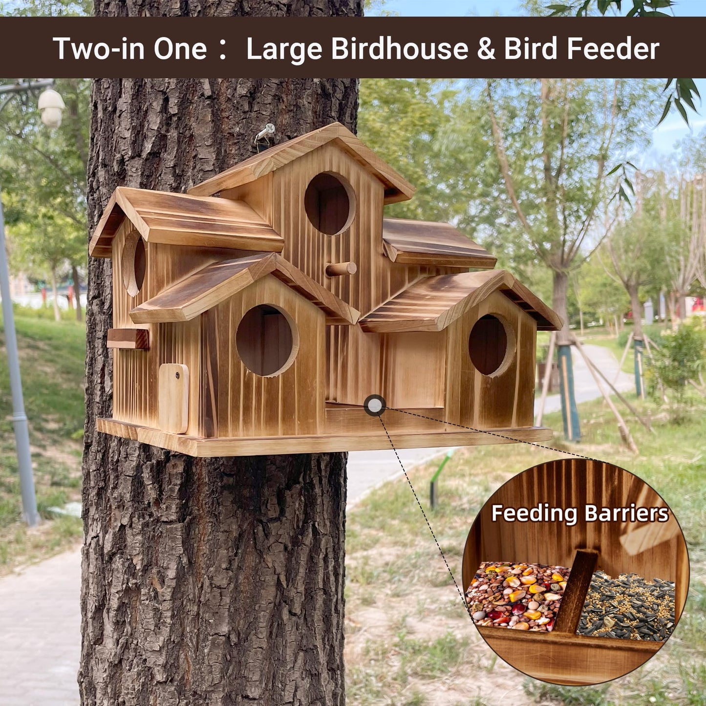 Puyikes Bird House for Outside 5 Hole Bird Houses Room for 5 Bird Families Large Bird House for Garden/Courtyard/Backyard for Garden Decor-Finch Bluebird Cardinals Handmade Wooden Hummingbird House