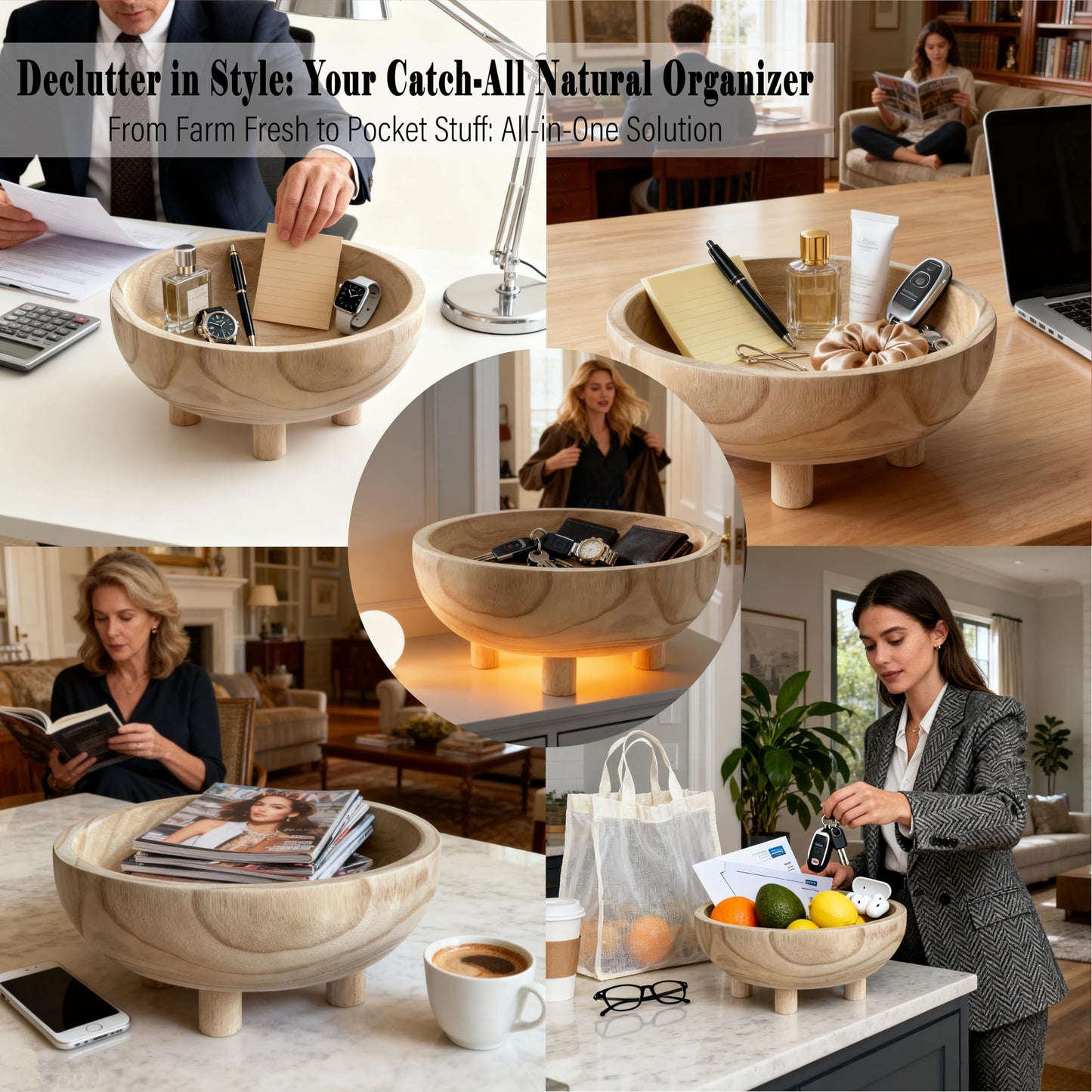 Premium 11" Handcrafted Large Wooden Fruit,Dough,Salad/key Bowl-Wooden Decorative Serving Bowl-Modern Farmhouse Kitchen Counter Centerpiece/Table/Dining Room Entryway Key Catcher-Wedding|Birthday Gift