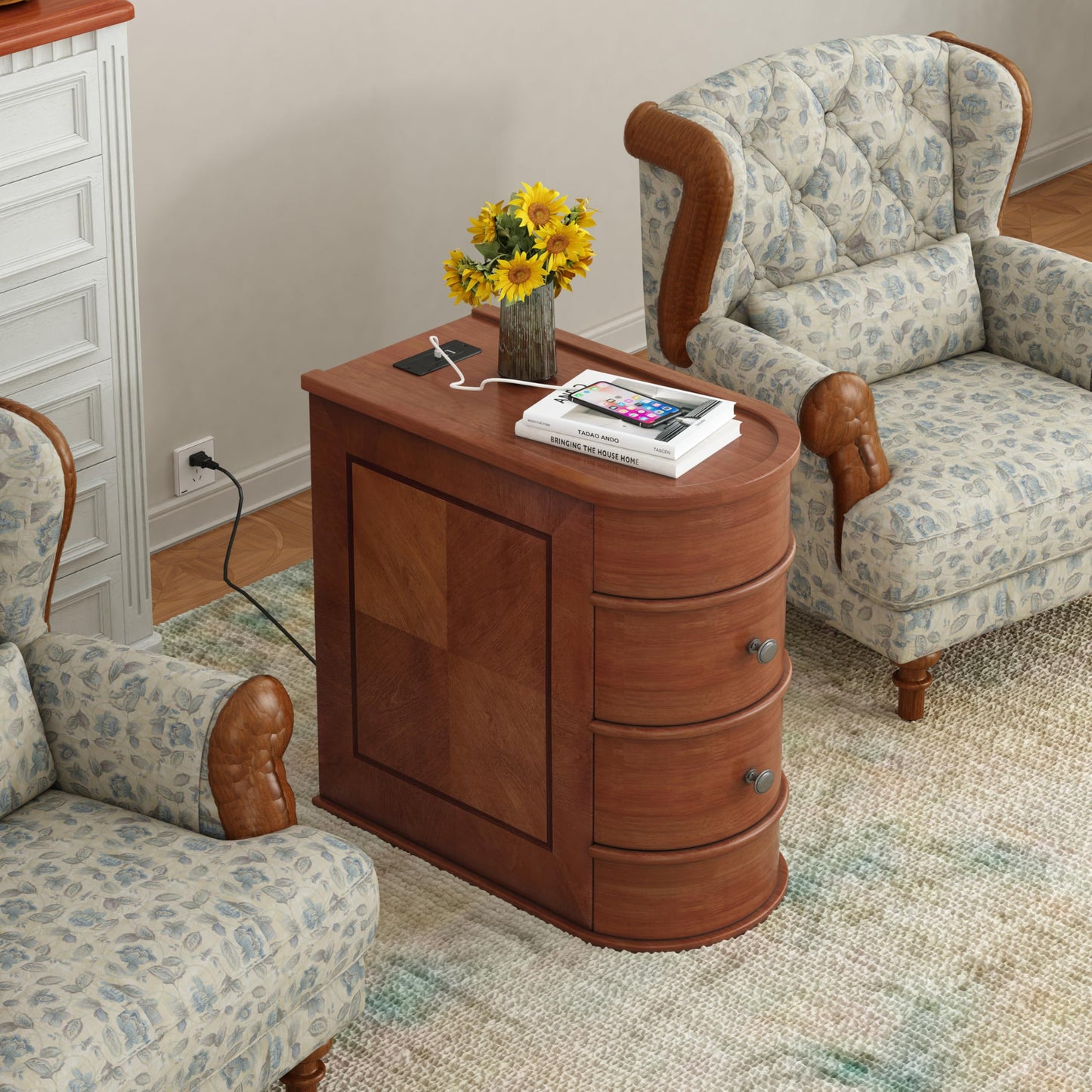 FAVSH Narrow End Table with Charging Station, Brown