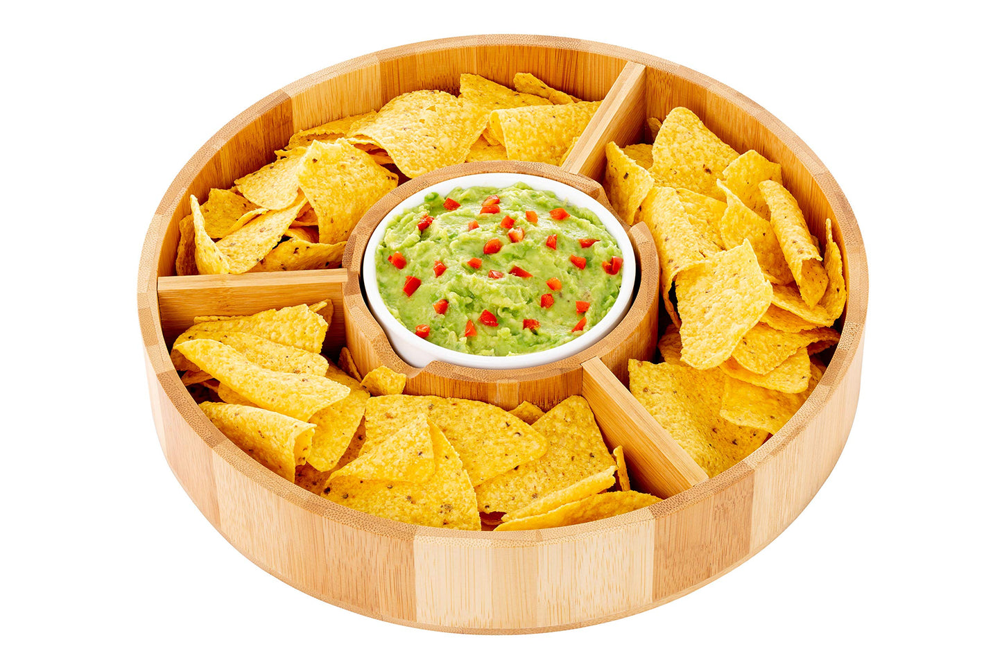 Strova Chip and Dip Serving Bowl – Wooden Appetizer Platter Set with Dip Cup for Salsa, Guacamole, Nacho, Vegetables, Taco Chip, Snacks and More – 12 Inch Diameter. Perfect for the BIG GAMES !