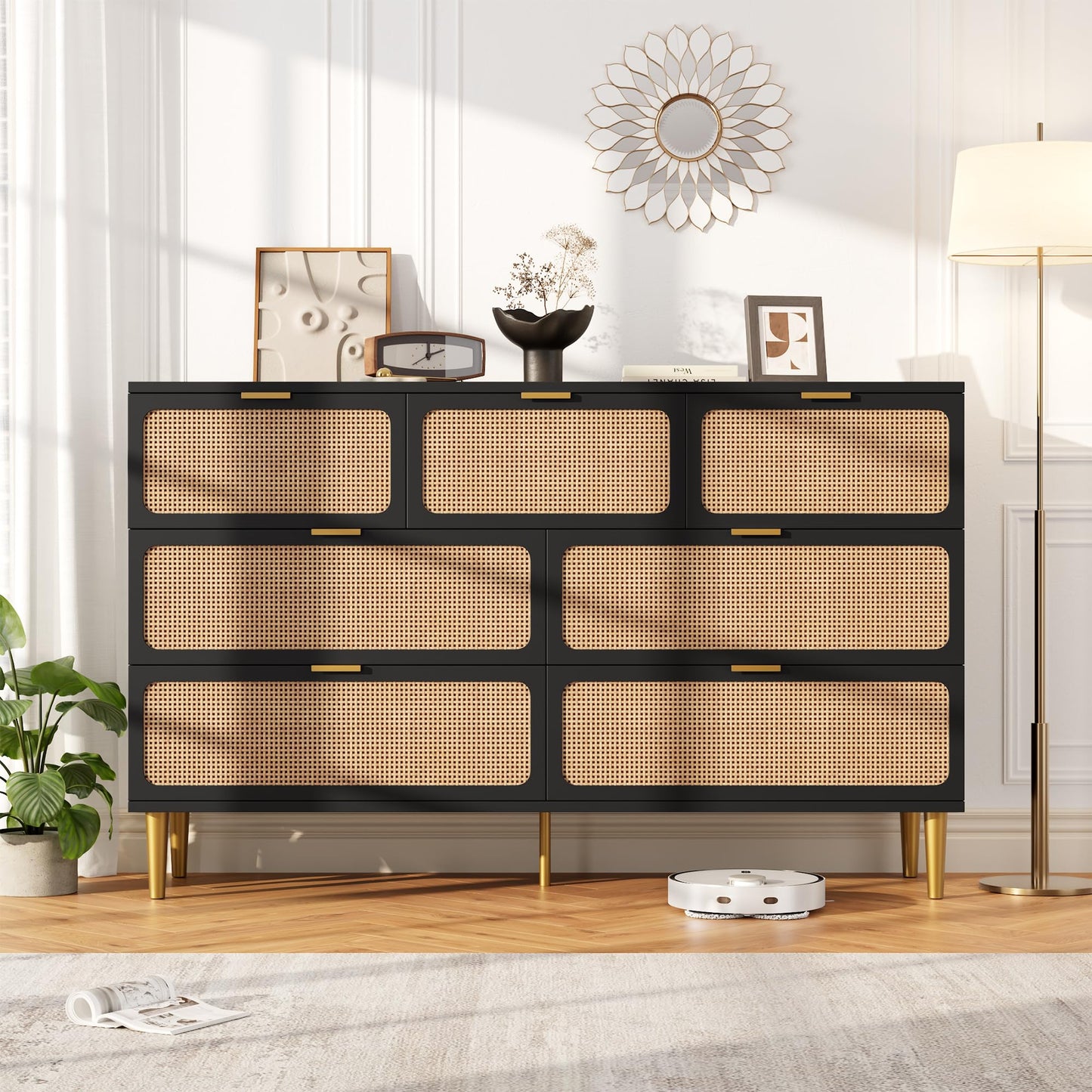 GarveeHome Rattan 7 Drawer Dressers for Bedroom, Tall Dresser with Deep Drawers, Large Chest of Drawers for Closet with Wide Top, Long Wooden Dresser for Living Room, Hallway, Kids Room, Black