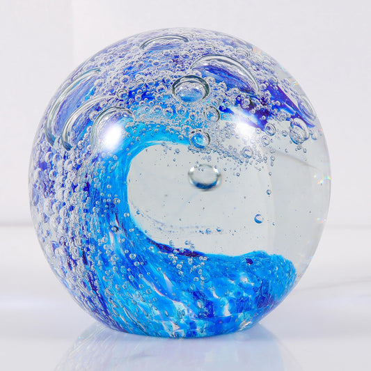 Qianwei Hand Blown Ocean Waves Crystal Ball - Glass Collectible Figurines Spere - Paperweight Glass Ball Aquarium DecorOffice Decor Ocean Lovers