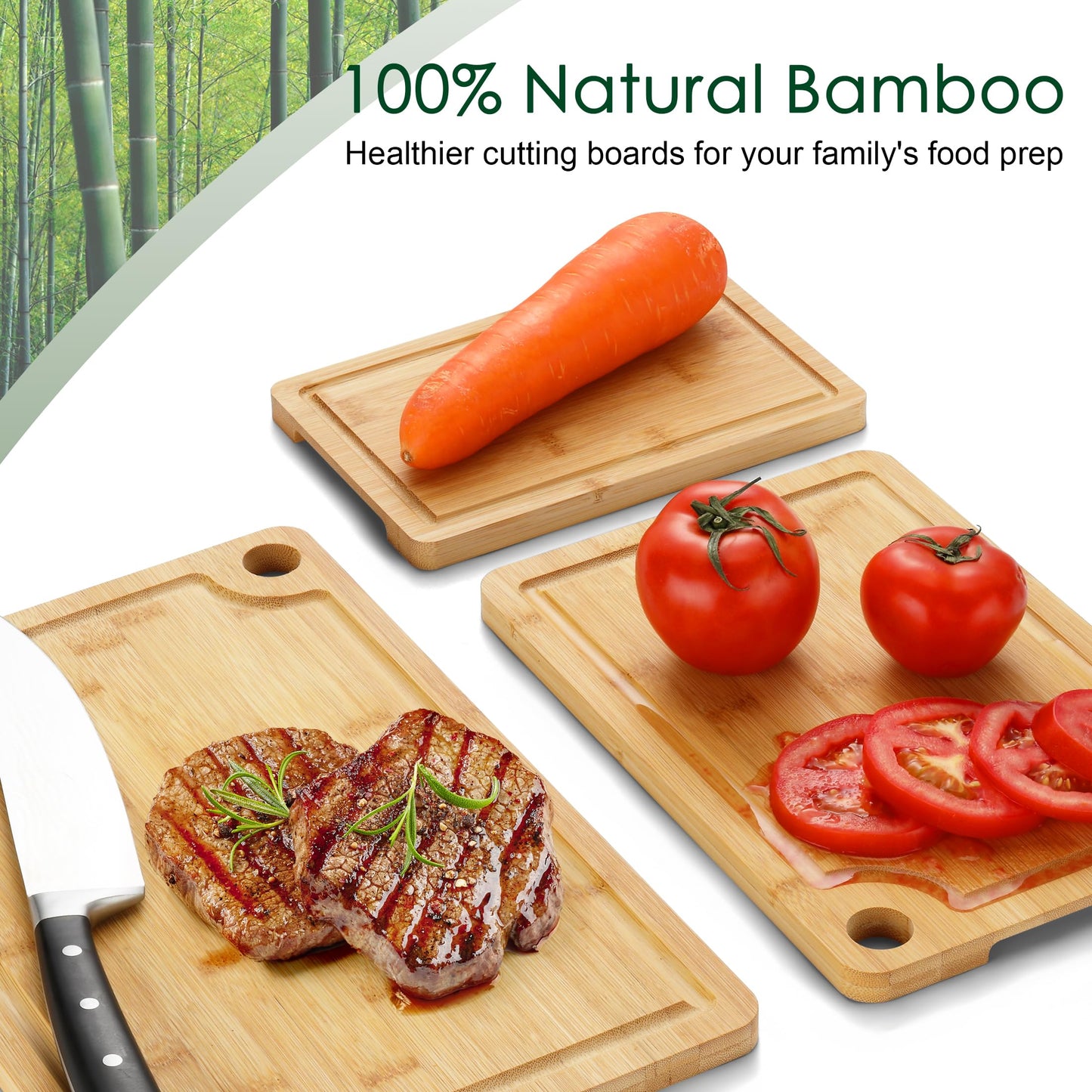 Funnydin 3PCS Bamboo Cutting Board Set - Durable Wooden Cutting Boards with Deep Juice Grooves & Built-in Handles & Hanging Holes, Ideal for Chopping Meat, Vegetables, Dishwasher Safe