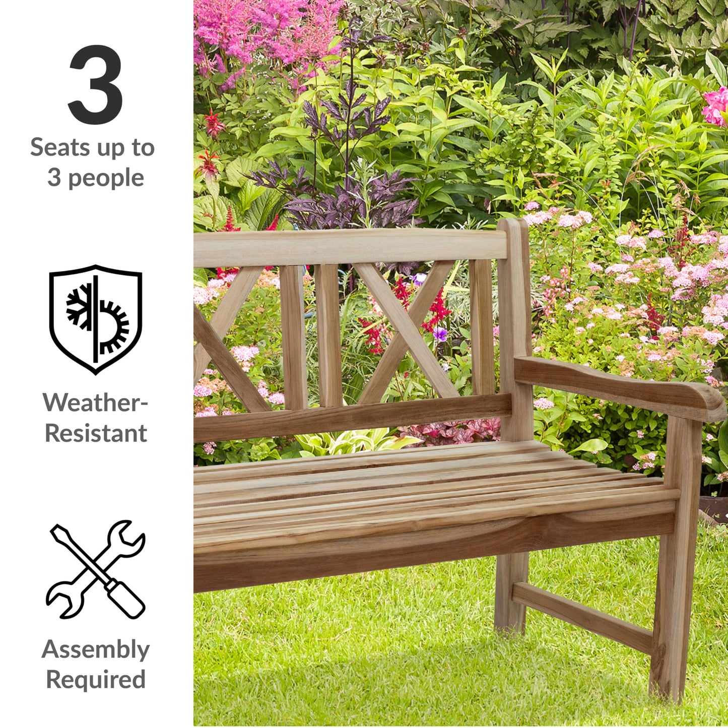 Sunnydaze 2-Person Outdoor Bench for Front Porch or Park - Wooden Teak Patio Garden Bench with Backrest - 675 lb Weight Capacity - Crossback
