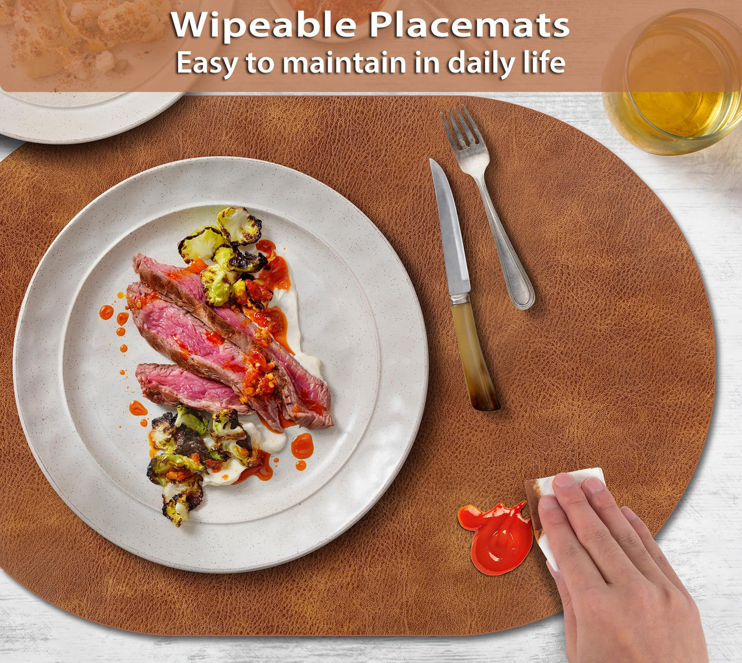 ADRIMER Placemats, Heat Resistant Oval Placemats Set of 4 Washable 12 x 17 Inch, Waterproof Table Mats, Wipeable Pu Place Mats for Kitchen, Dining Room, Turmeric Brown+Light Brown+Green+Blue