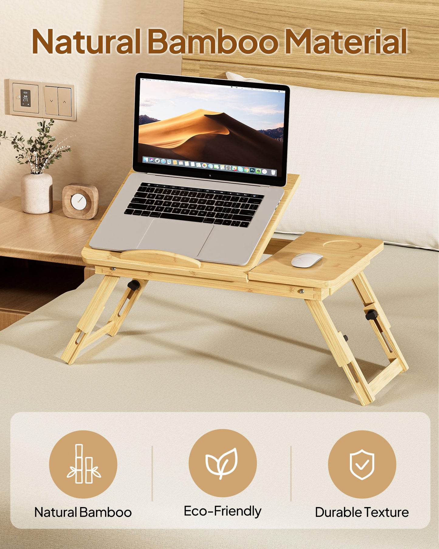 Bamboo Lap Desk,Adjustable Bed Desk with 4 Angle Options and Folding Design,Laptop Stand for Bed,Writing,Office Work,Drawing,Sofa & Travel