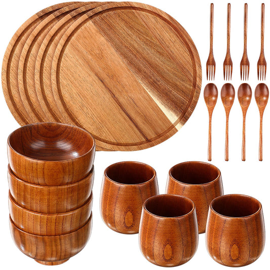 Acellegic 20 Pcs Acacia Wood Dinnerware Set 10 Inch Round Wooden Plates Bowls Tea Cups Fork Spoons Acacia Wood Tableware Supplies Easy Cleaning Lightweight for Dishes Snack Dessert, 4 Set