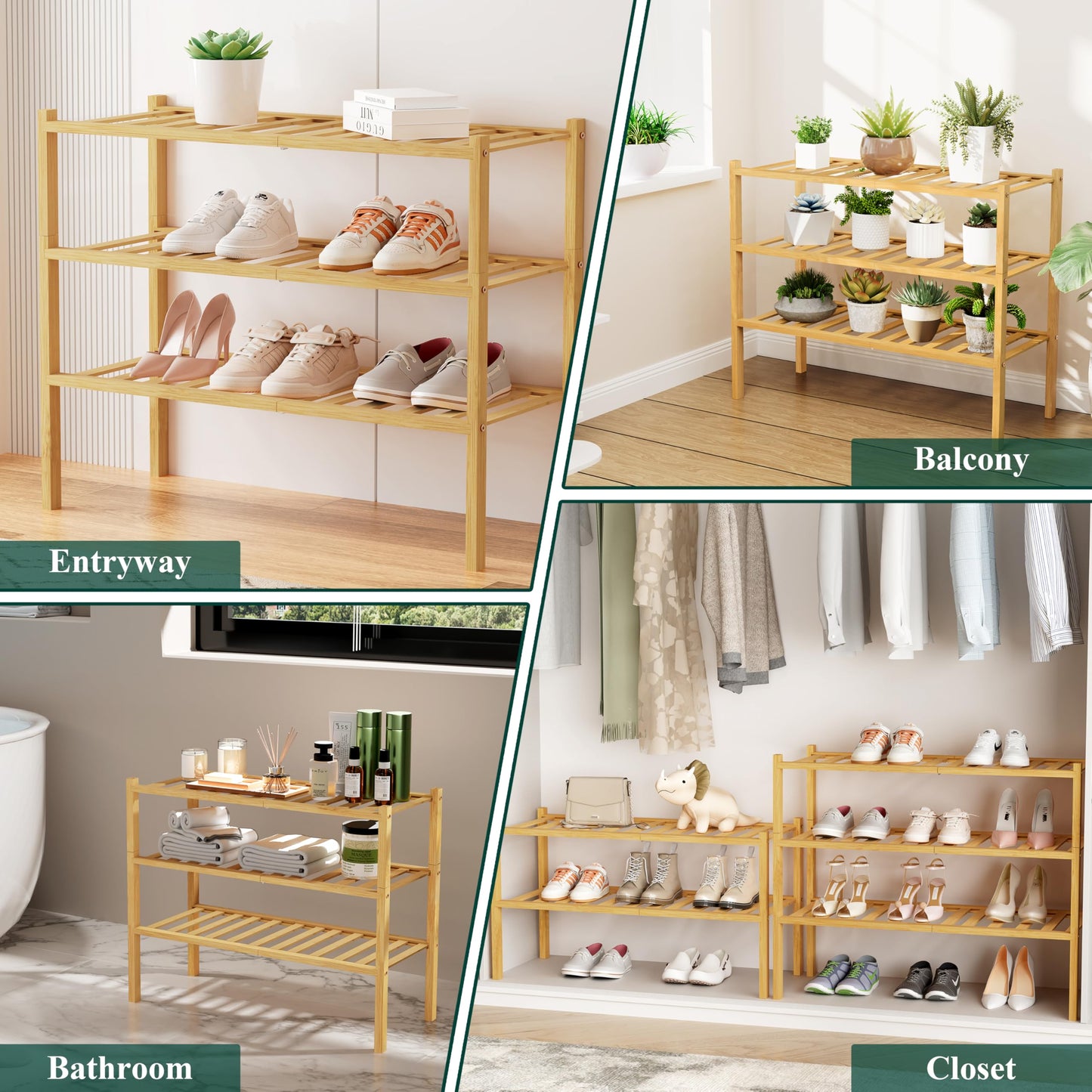 Smiry Bamboo Shoe Rack, 3 Tier Free Standing Wooden Shoe Organizer, Stackable Wood Shoe Storage Shelf for Closet, Entryway, 12 Vertical Slats, 2+1 Stack Standard Legs, 26.8"x11"x19.5", Natural