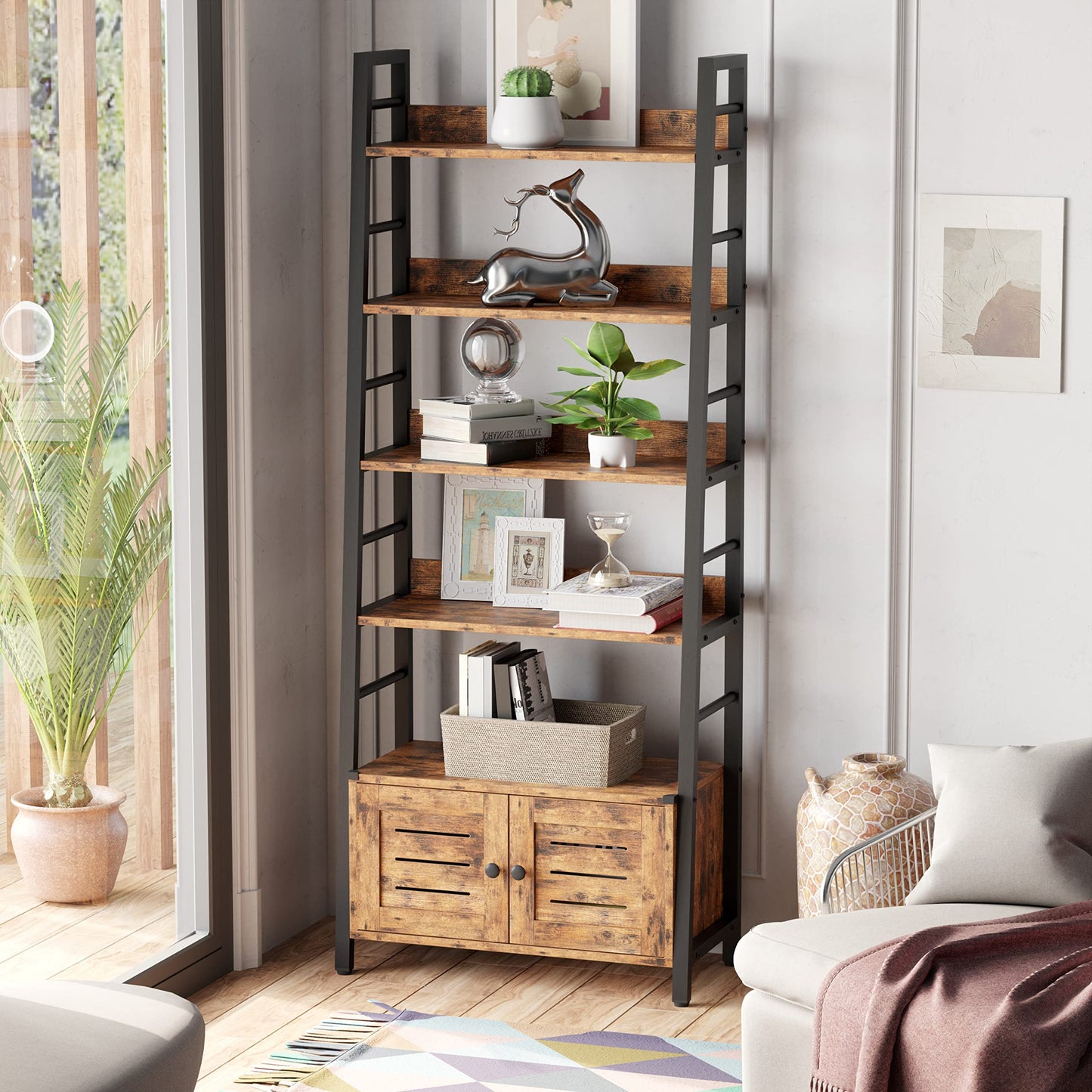 IRONCK Bookshelf with Louvered Doors, 4-Tier Ladder Shelf with Cabinet Industrial Accent Furniture for Bedroom Living Room Home Office, Rustic Brown