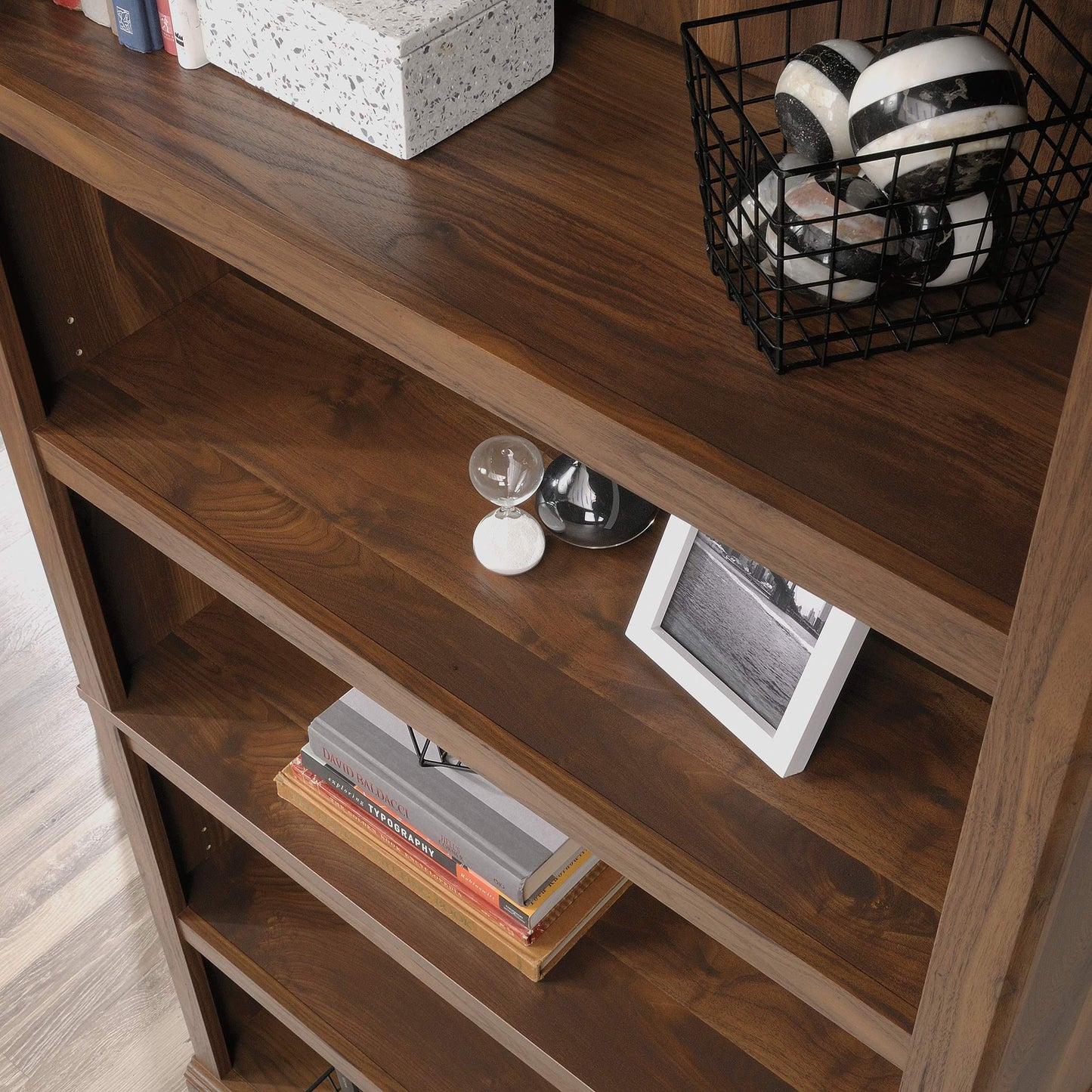 Sauder 5 Tier Book Shelf Wooden Bookcase Multipurpose Bookshelf for Home Office, Living Room, in Grand Walnut