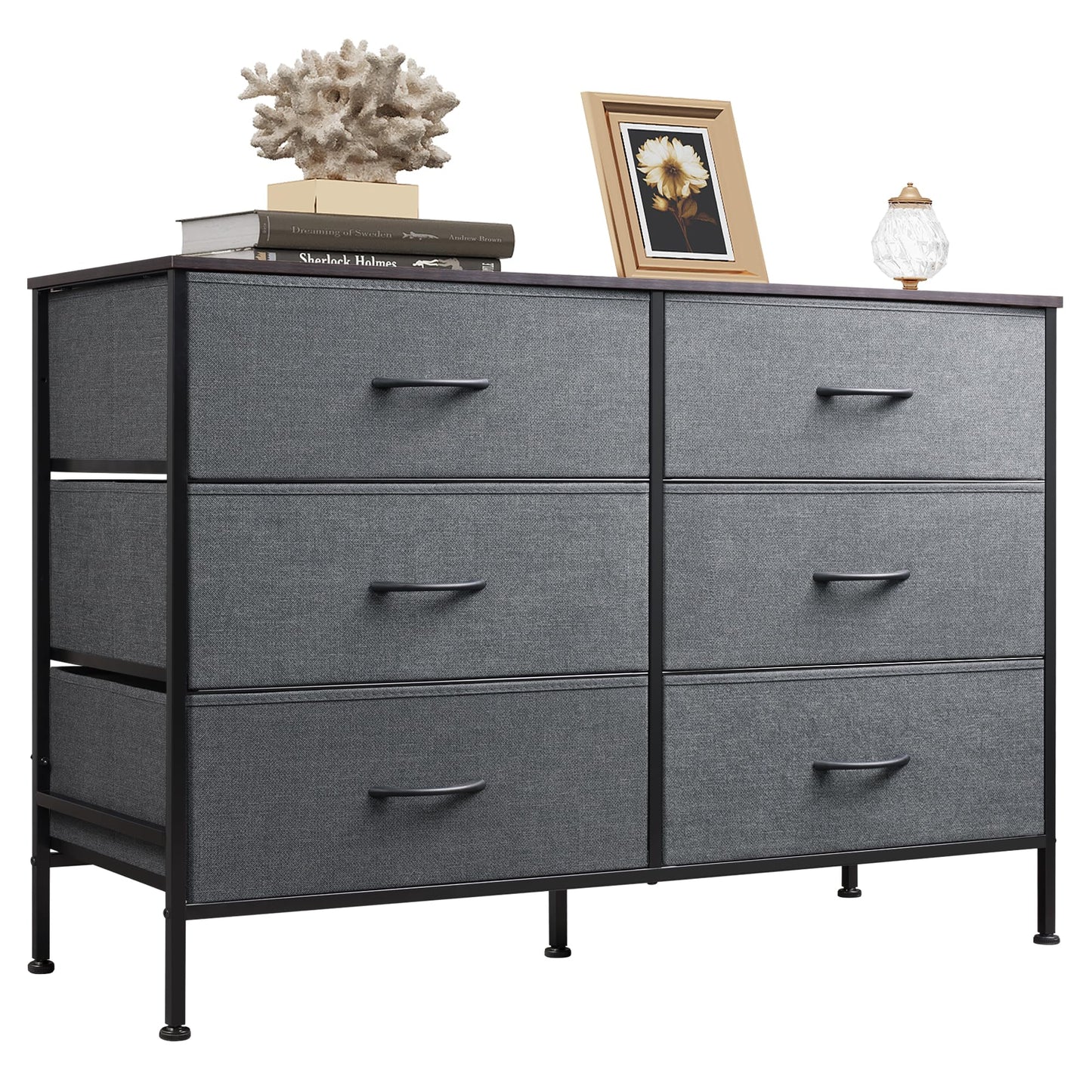 WLIVE Dresser for Bedroom with 6 Drawers, Wide Dresser TV Stand for 50 Inches TV, Grey Dresser with Metal Frame, Wooden Top, Fabric Dressers for Bedroom, Living Room, Hallway, Dark Grey