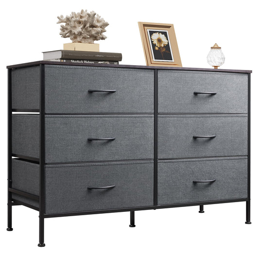 WLIVE Dresser for Bedroom with 6 Drawers, Wide Dresser TV Stand for 50 Inches TV, Grey Dresser with Metal Frame, Wooden Top, Fabric Dressers for Bedroom, Living Room, Hallway, Dark Grey