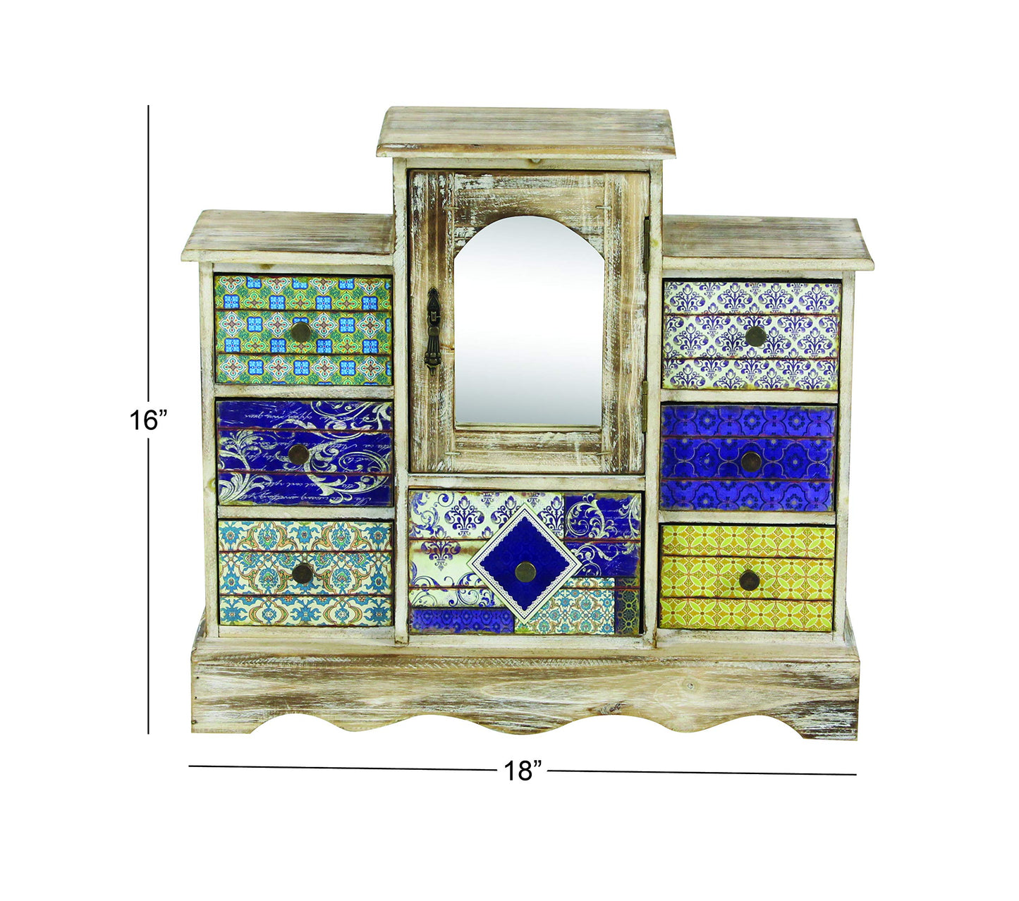 Deco 79 Wooden Decorative Jewelry Box 7 Drawers Jewelry Organizer with Patchwork Patterns, Jewelry Holder 18" x 6" x 16", Light Brown
