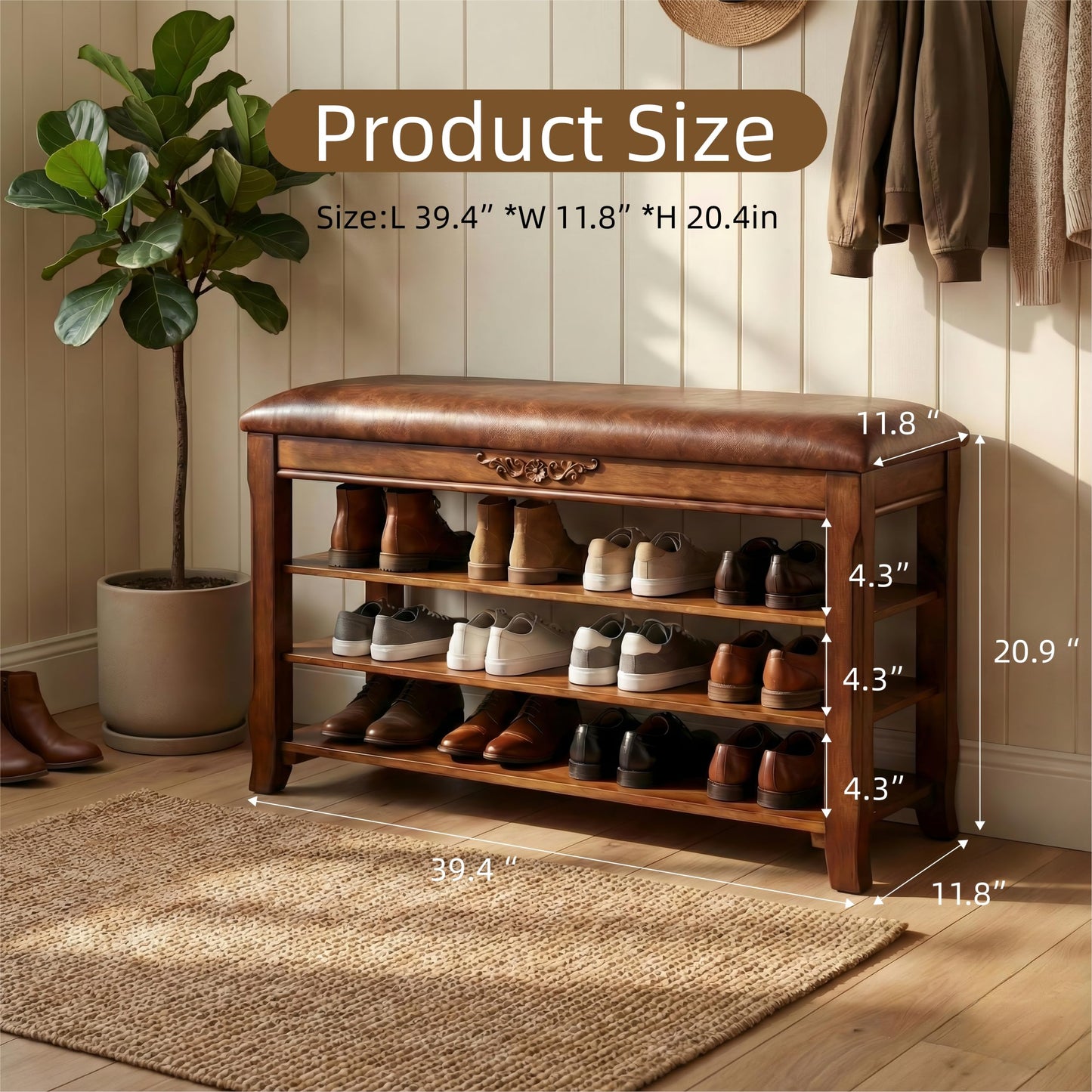 Shoe Rack Bench Entryway Storage with Leather Cushion, Shoe Organizer Bench for Entryway, Front Doors Entrances Hallway,Mudroom,Closet, Bedroom,Solidwood 3 Height-Adjustable Removable Shelve,39.4"