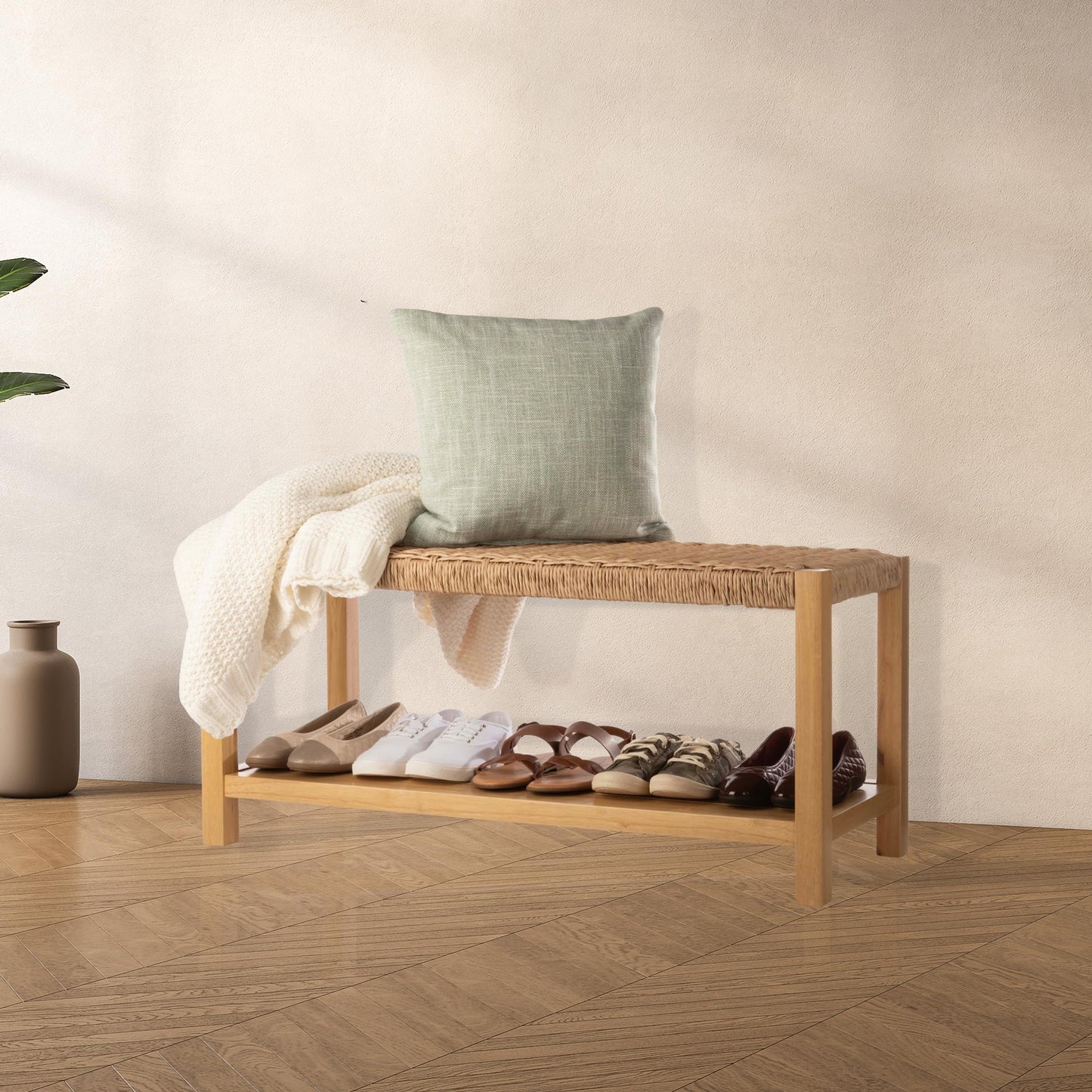 Alaterre Furniture Newport 40 Inch Solid Wood Entryway Bench - Modern Farmhouse Indoor Decorative Bench with Handcrafted Woven Rope Seat - Furniture for Entryway, Dining Room, or Kitchen (Light)