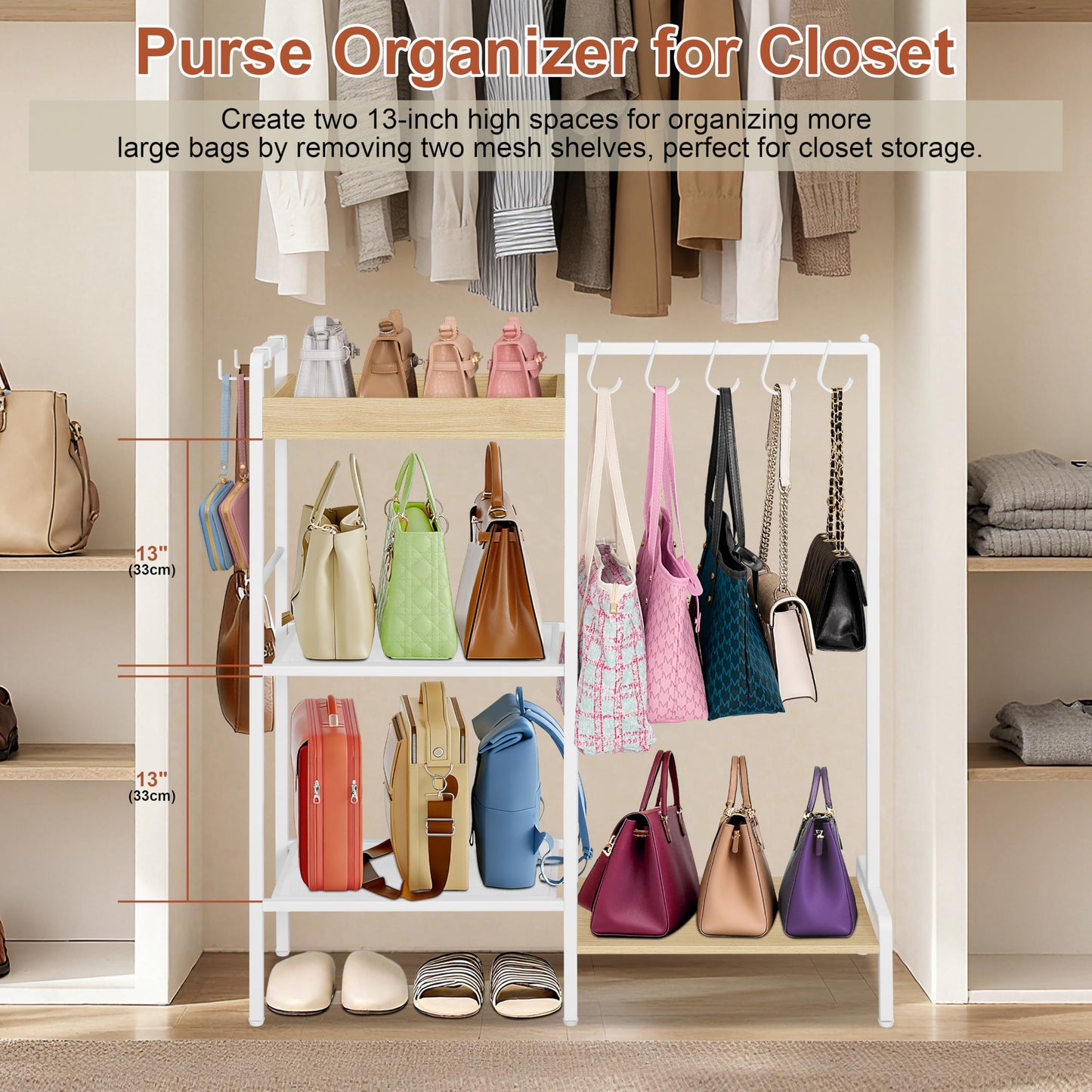 NauwaBarn 2-in-1 Shoe Rack for Closet with Purse Organizer, 5 Tier Shoes Shelf with Wooden Tray and Removable Shelves, Storage Organizer for Entryway, Garage, Hold Boots, Backpacks, White